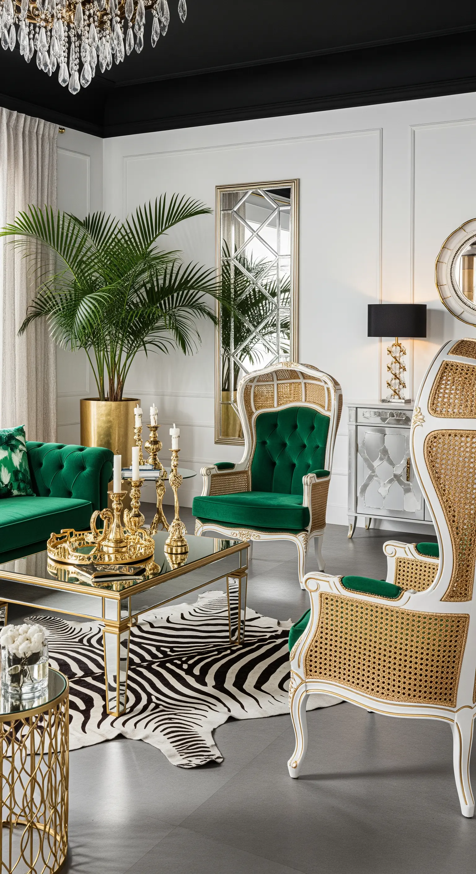 Salotto sfarzoso con poltrone in rattan laccato, velluto verde, dettagli dorati e tappeto zebrato.
