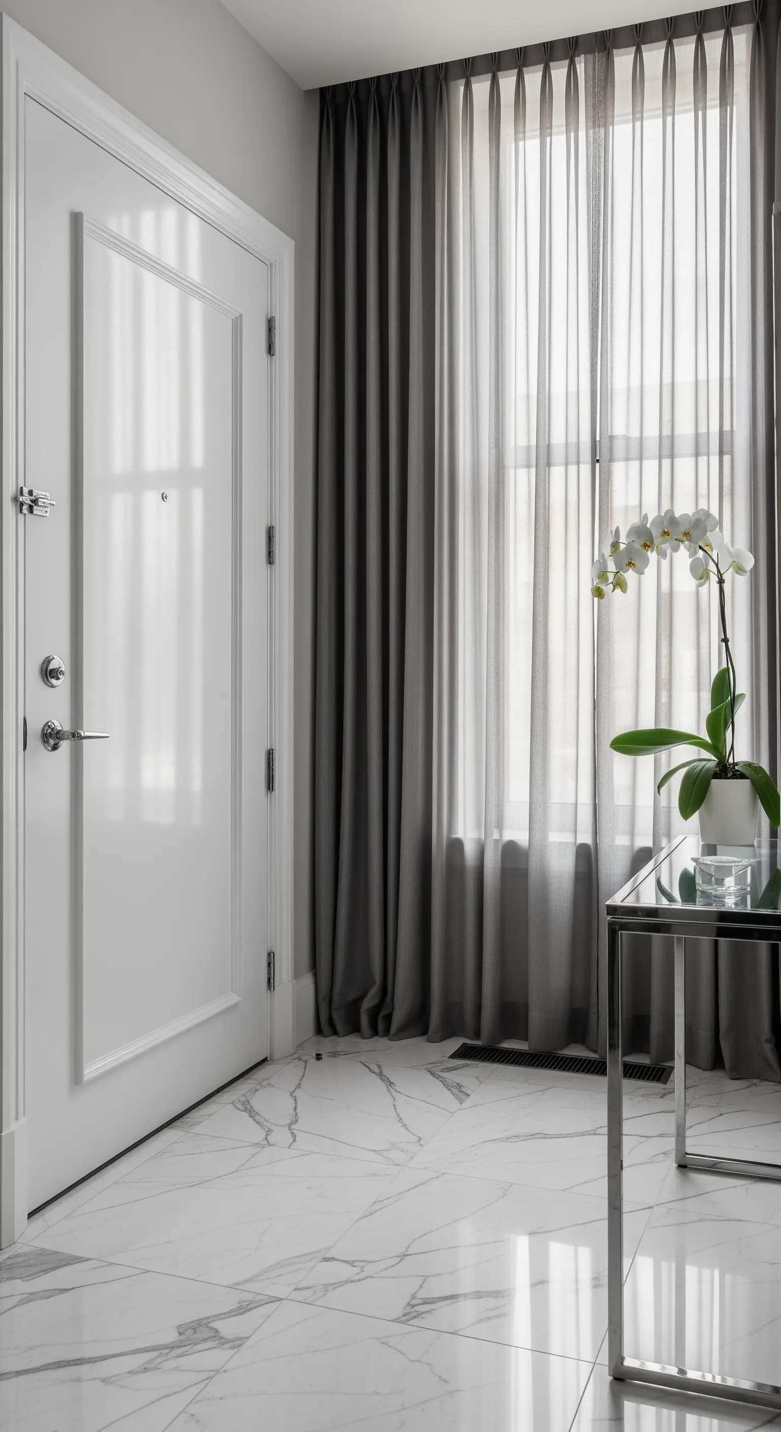 Ingresso elegante con pavimento in marmo, tende grigio perla e una consolle in vetro e cromo.