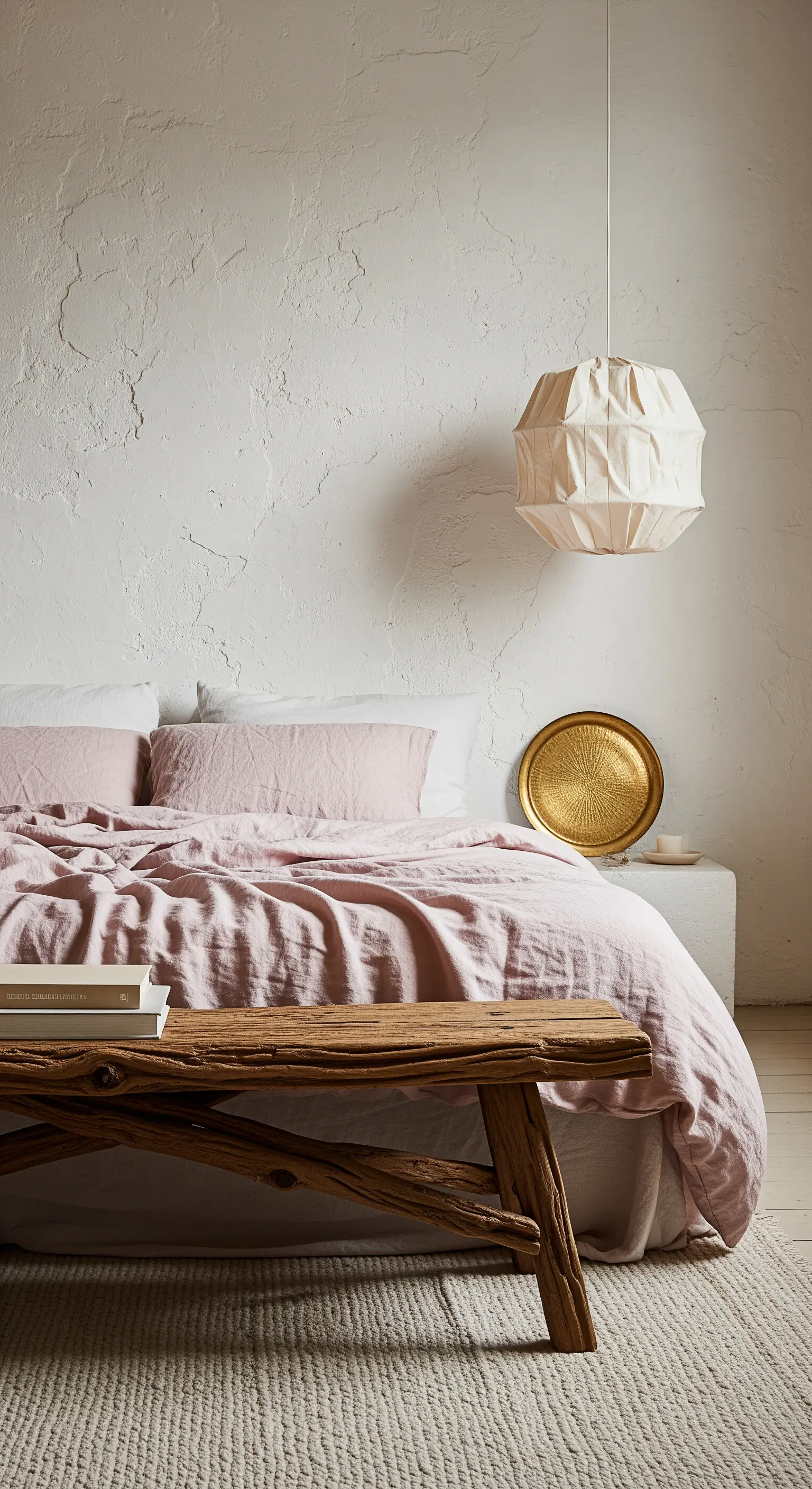 Letto con lenzuola di lino rosa accostato a una parete grezza e una panca in legno rustico.