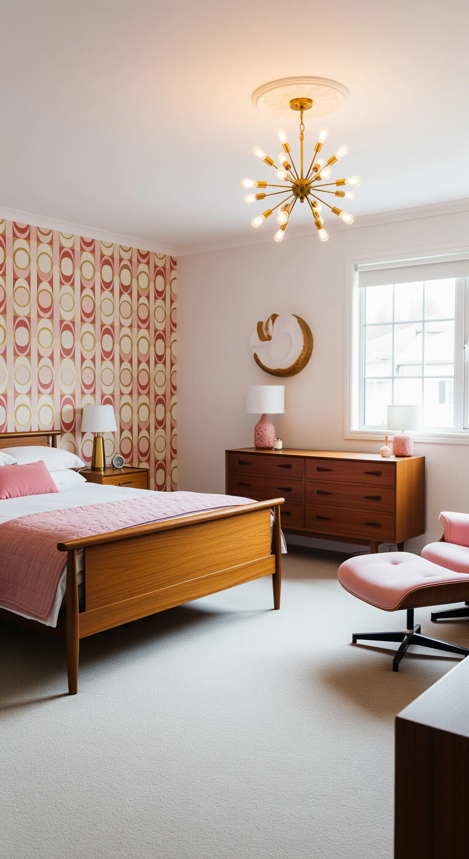 Camera da letto Mid-Century con carta da parati geometrica rosa e mobili in legno.