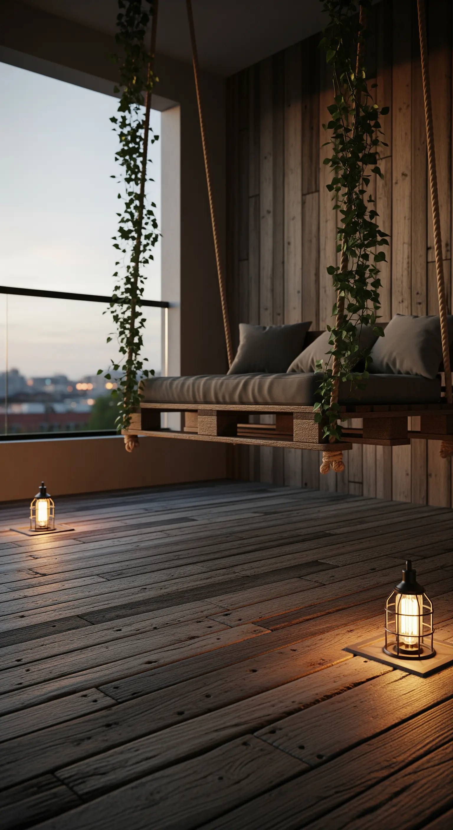 Balcone rustico con altalena in pallet e lanterne a LED posate sul pavimento in legno