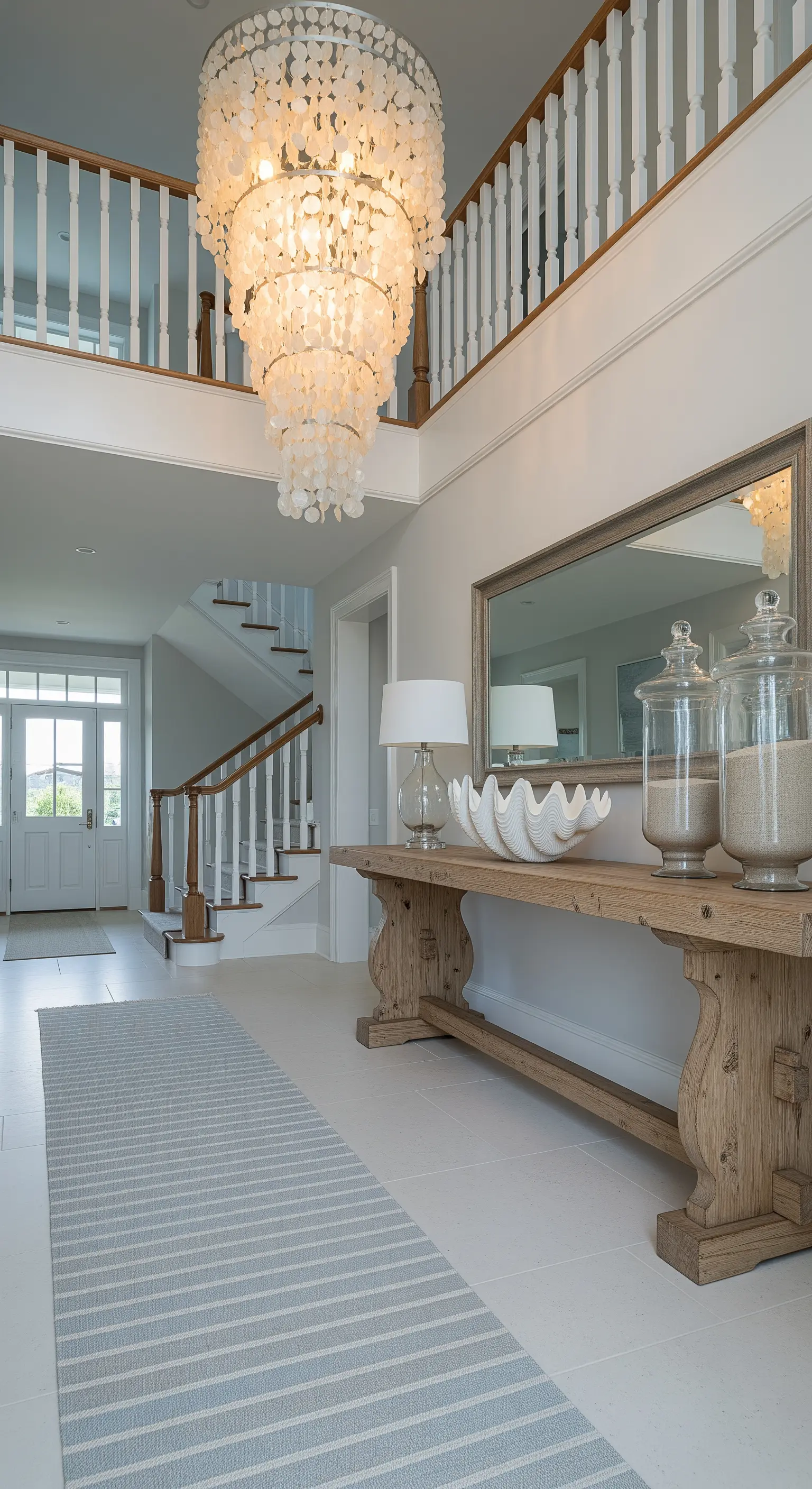 Ingresso a doppia altezza con imponente lampadario di conchiglie e consolle in legno rustico.