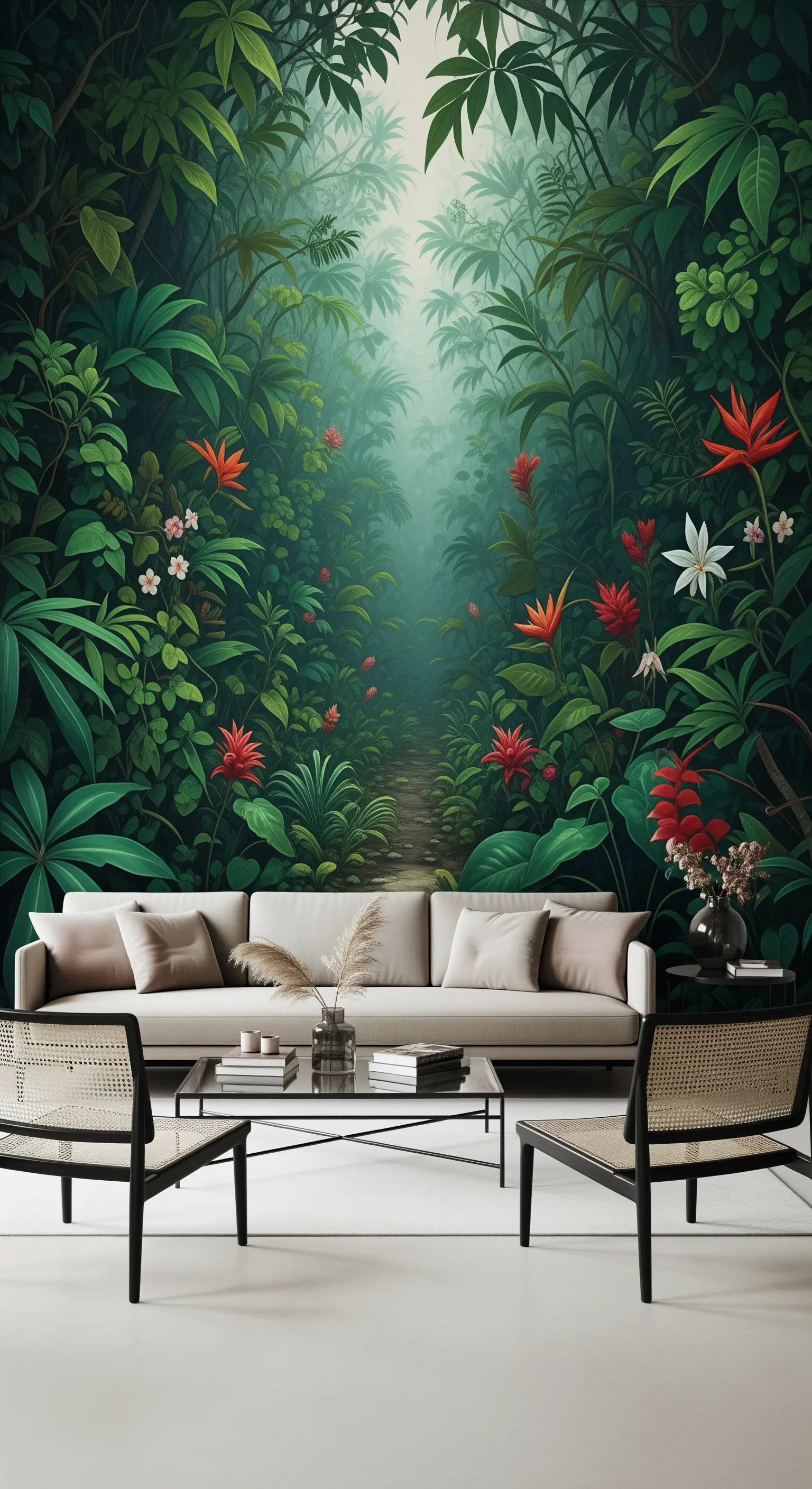 Salotto minimalista con un imponente murale a tema giungla dietro al divano.