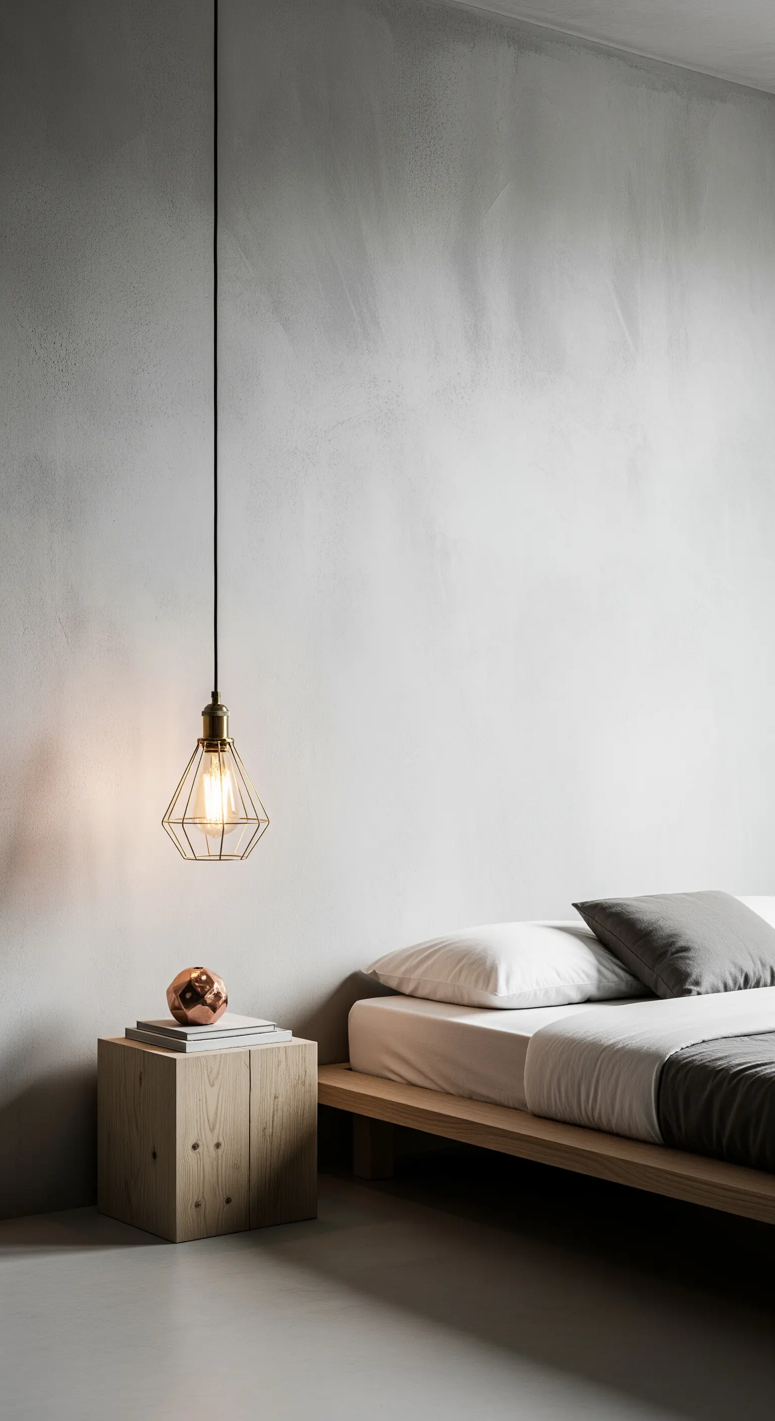 Letto minimalista con parete in cemento e una singola lampada a sospensione in filo metallico.