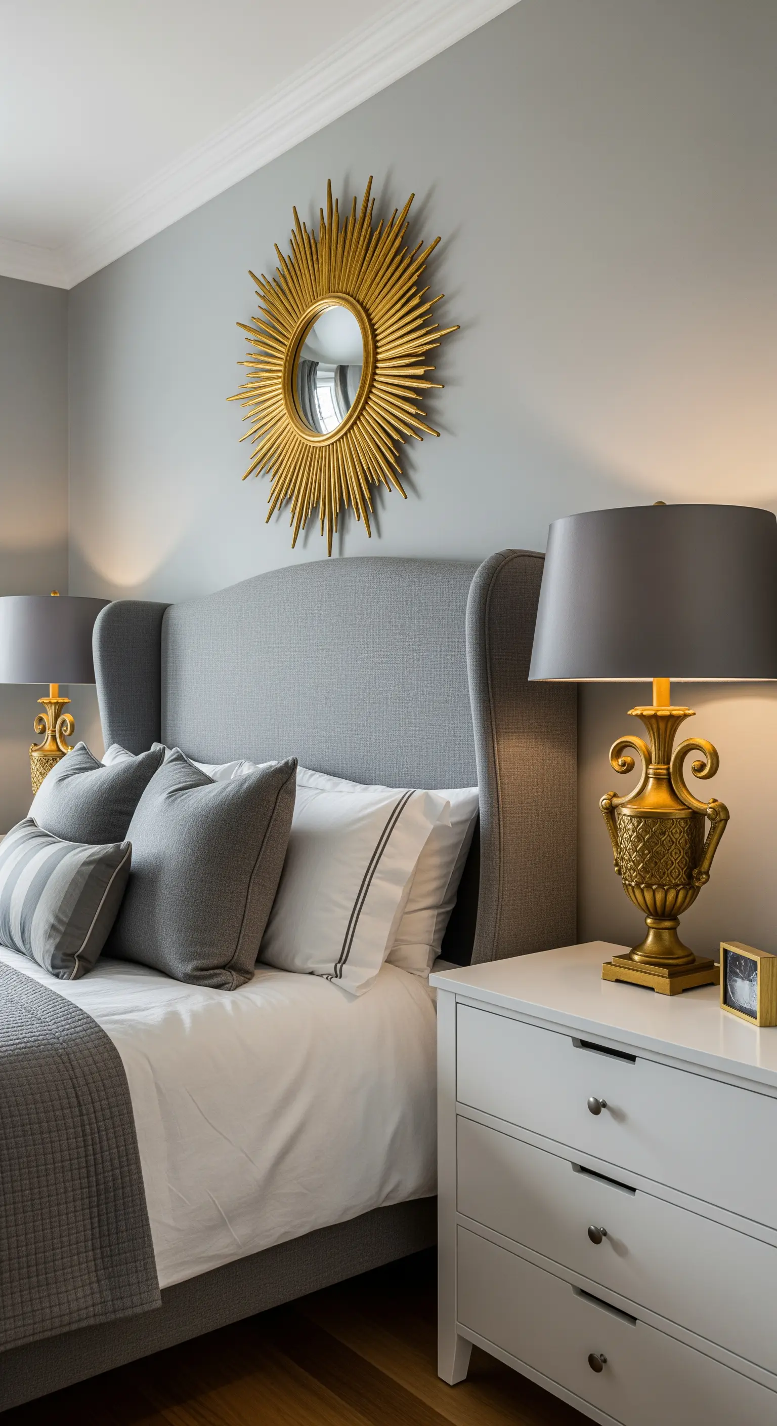 Letto con testiera grigia a orecchioni e uno specchio a raggiera dorato appeso sopra.