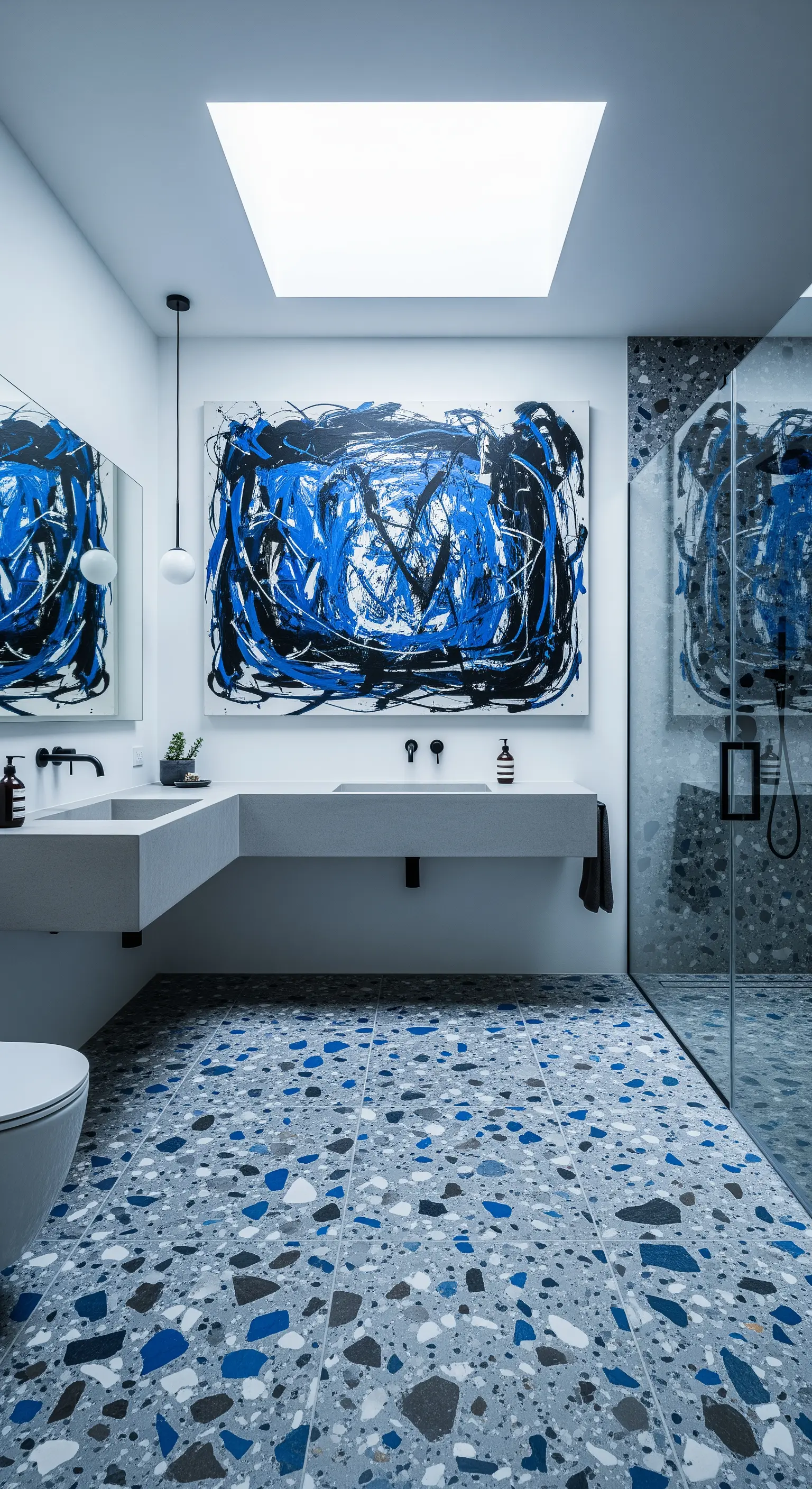 Bagno con pavimento in terrazzo blu e grigio e un grande quadro astratto coordinato.