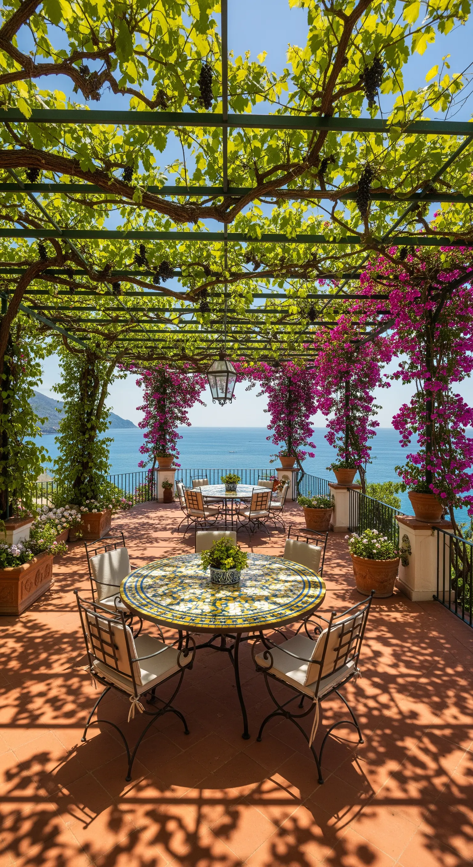Terrazza mediterranea con tavolo in mosaico rotondo sotto un pergolato di vite e vista mare