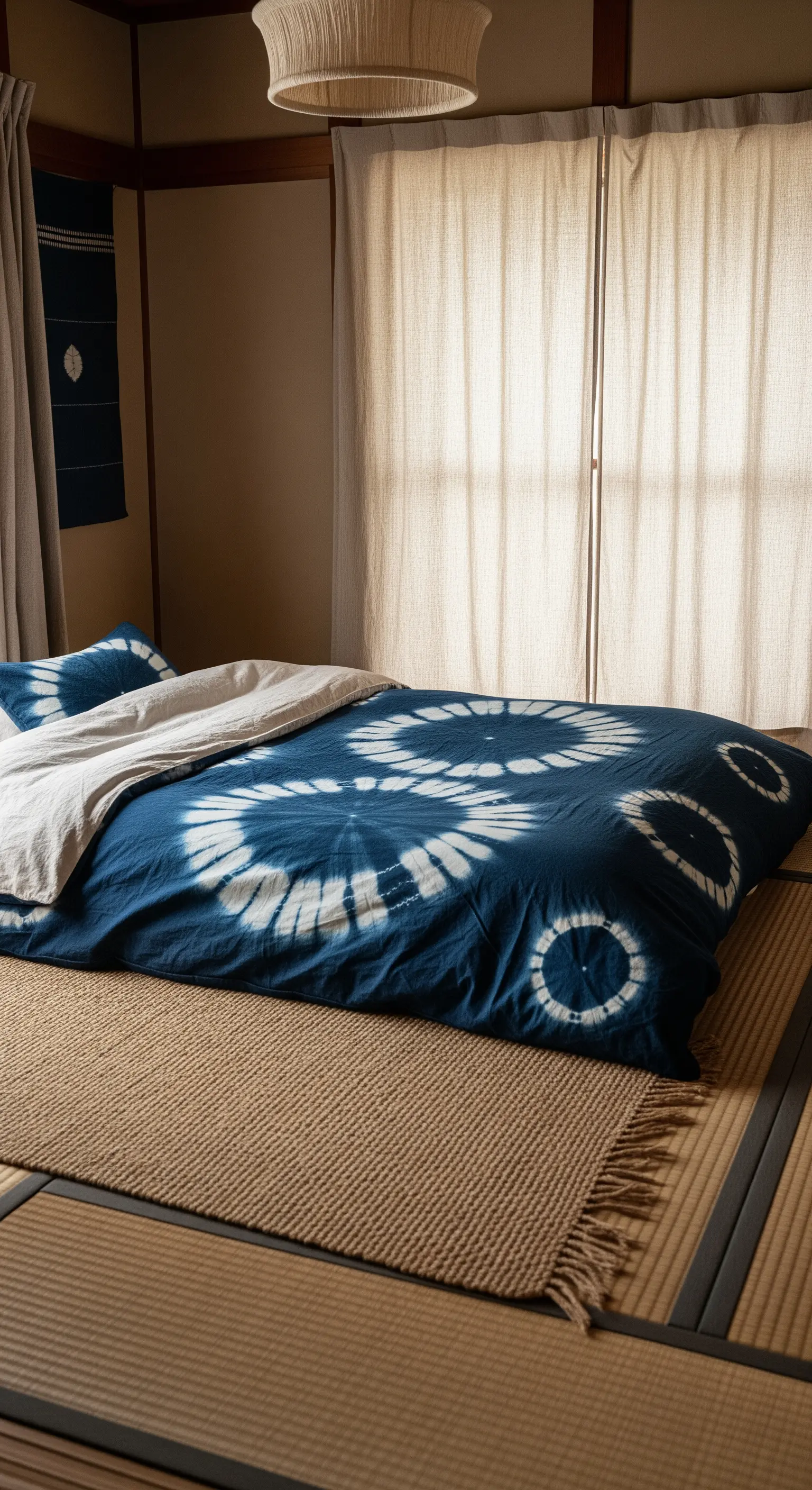 Primo piano di un futon con copripiumino indaco tinto con la tecnica shibori.