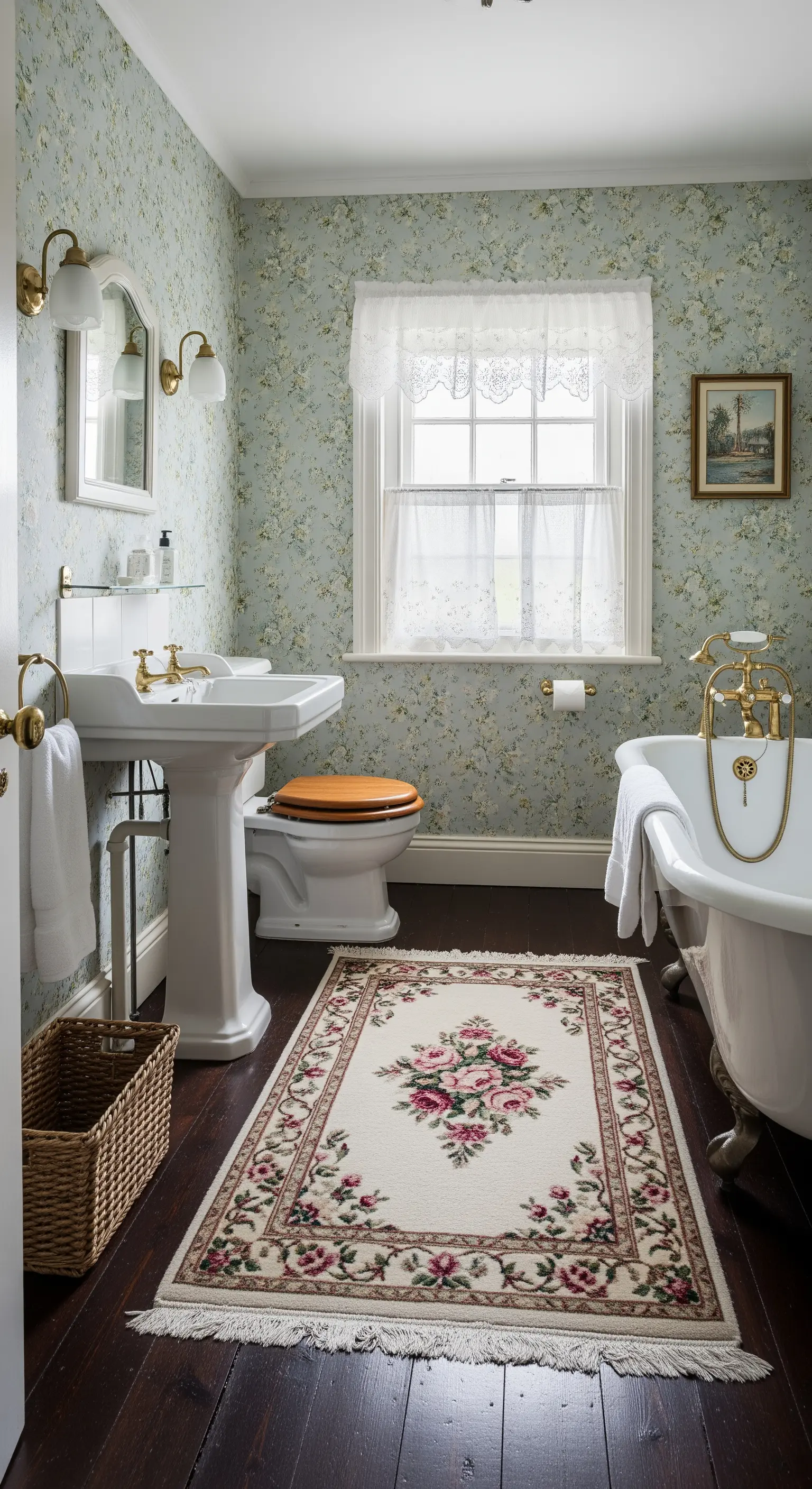 Bagno piccolo in stile cottage con carta da parati floreale e tappeto a fiori.