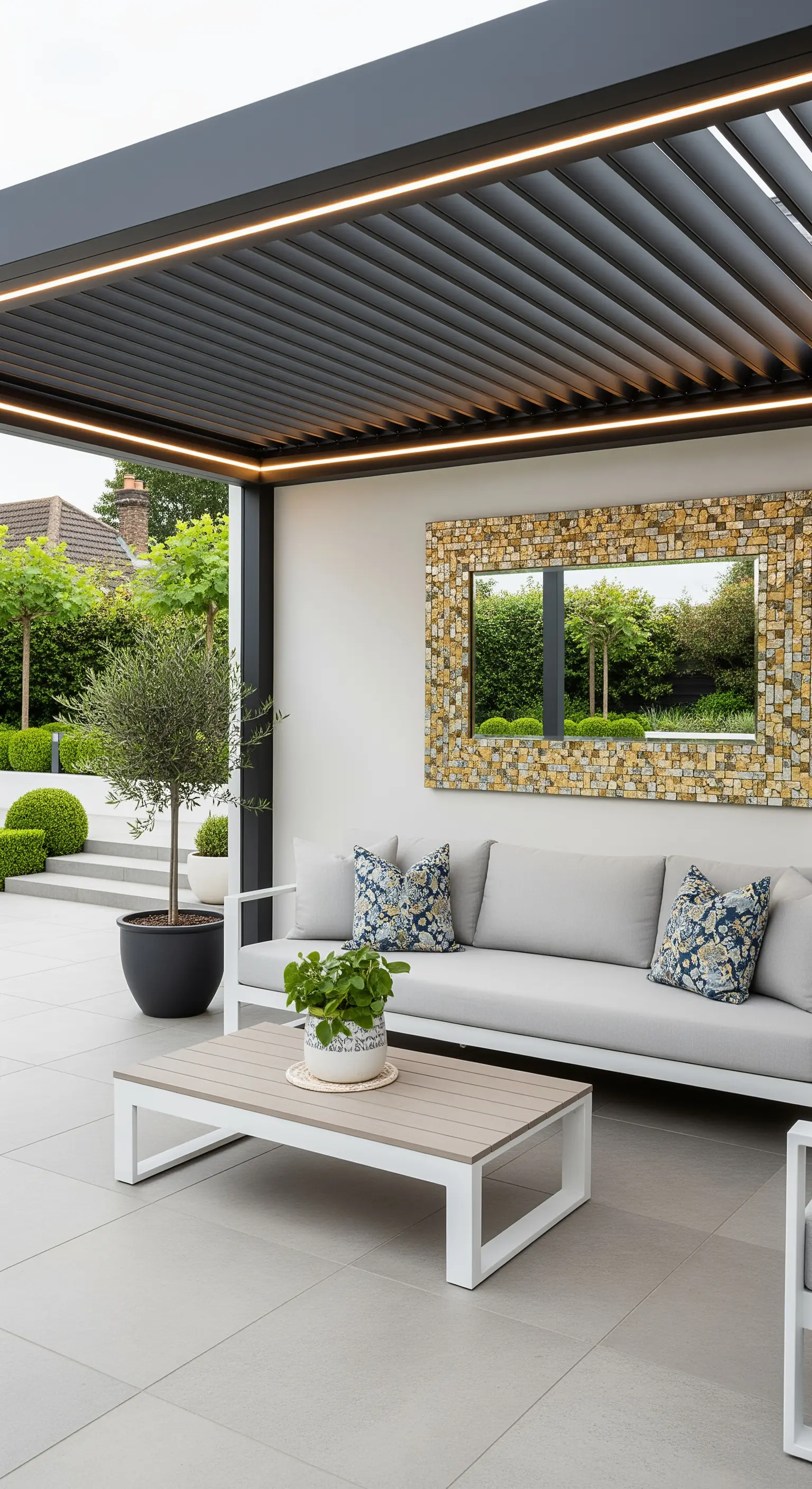 Patio coperto con divano grigio, cuscini a motivi Paisley e specchio con cornice in pietra