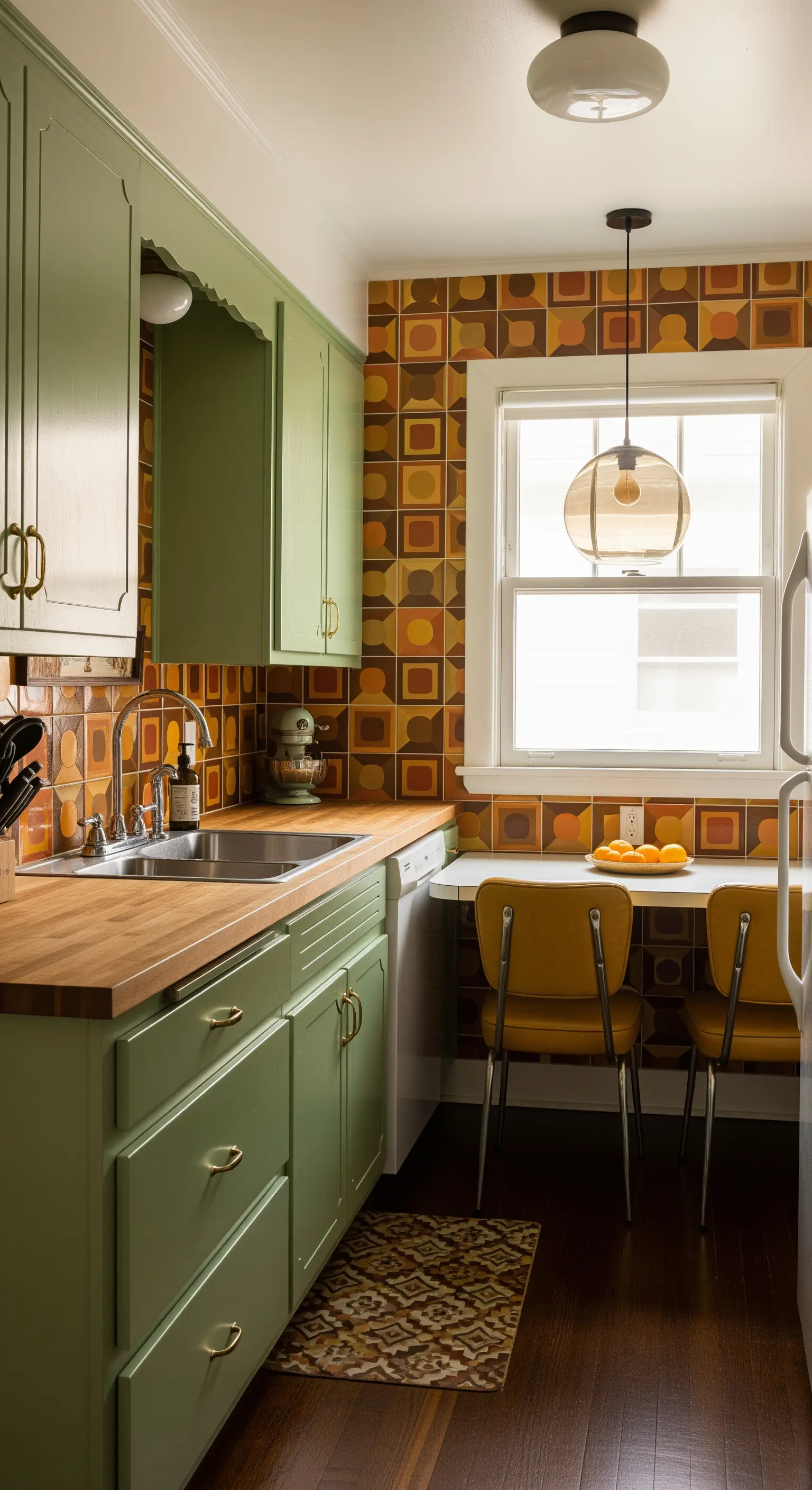 Cucina con mobili verde salvia e paraschizzi con piastrelle geometriche marroni e arancioni.