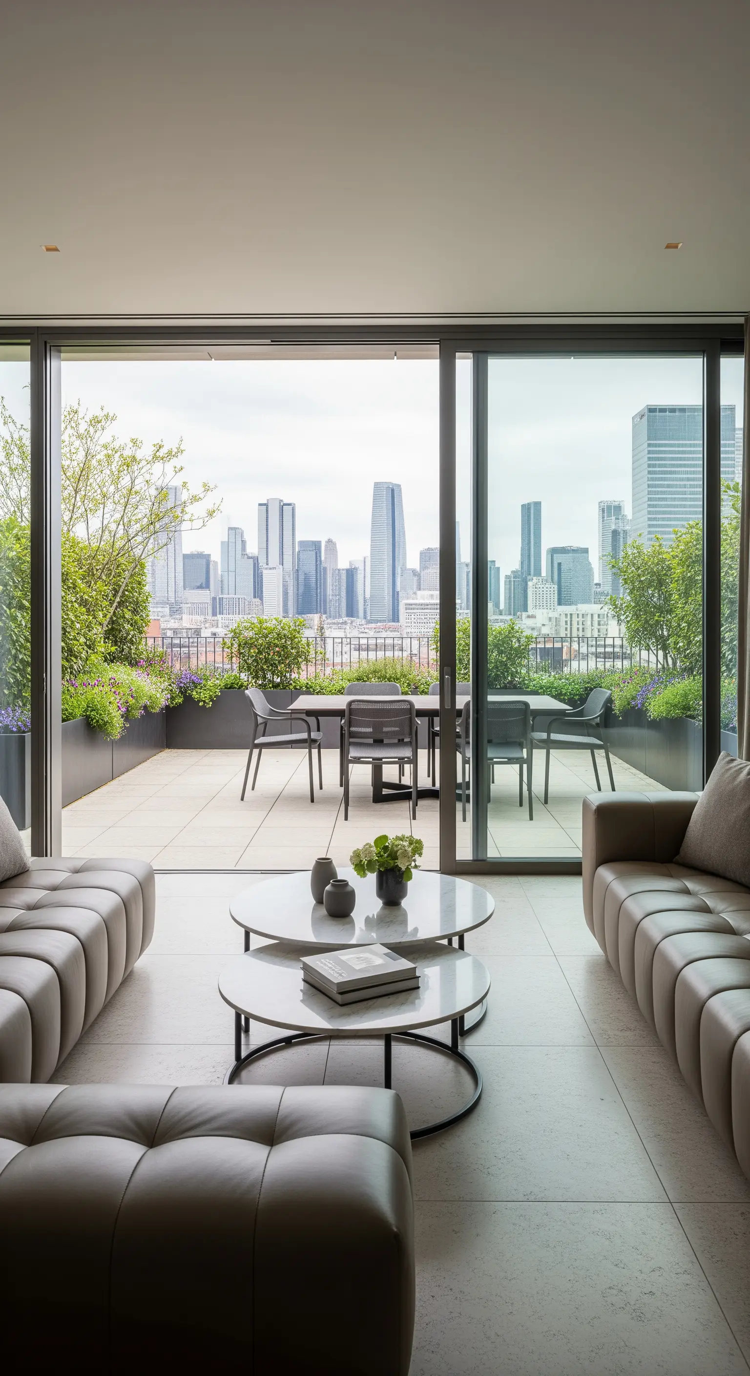 Lounge di un attico con divani in pelle grigio-tortora e vista sulla città.