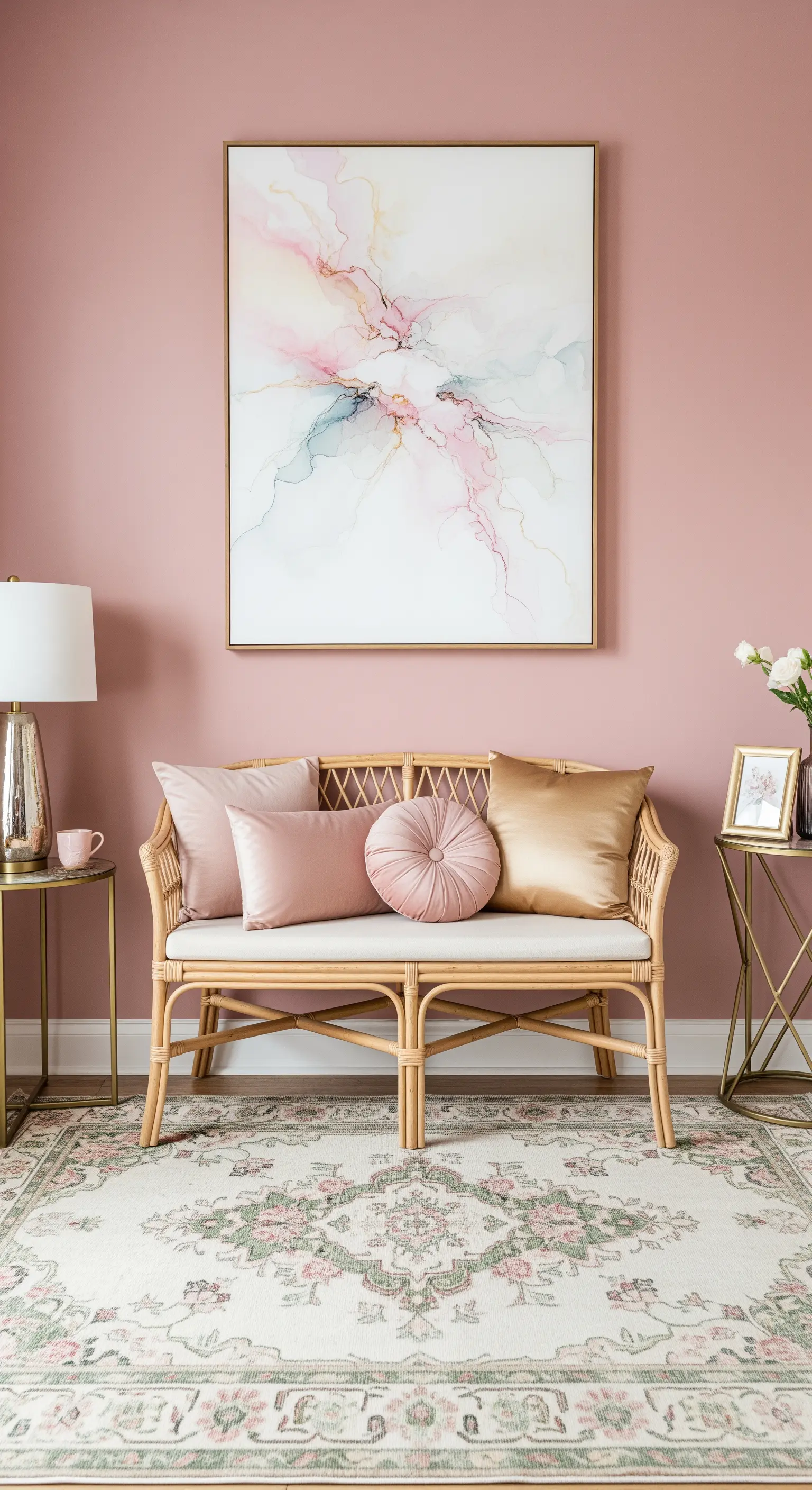 Ingresso romantico con pareti rosa, divanetto in rattan, cuscini rosa e oro e dettagli dorati.