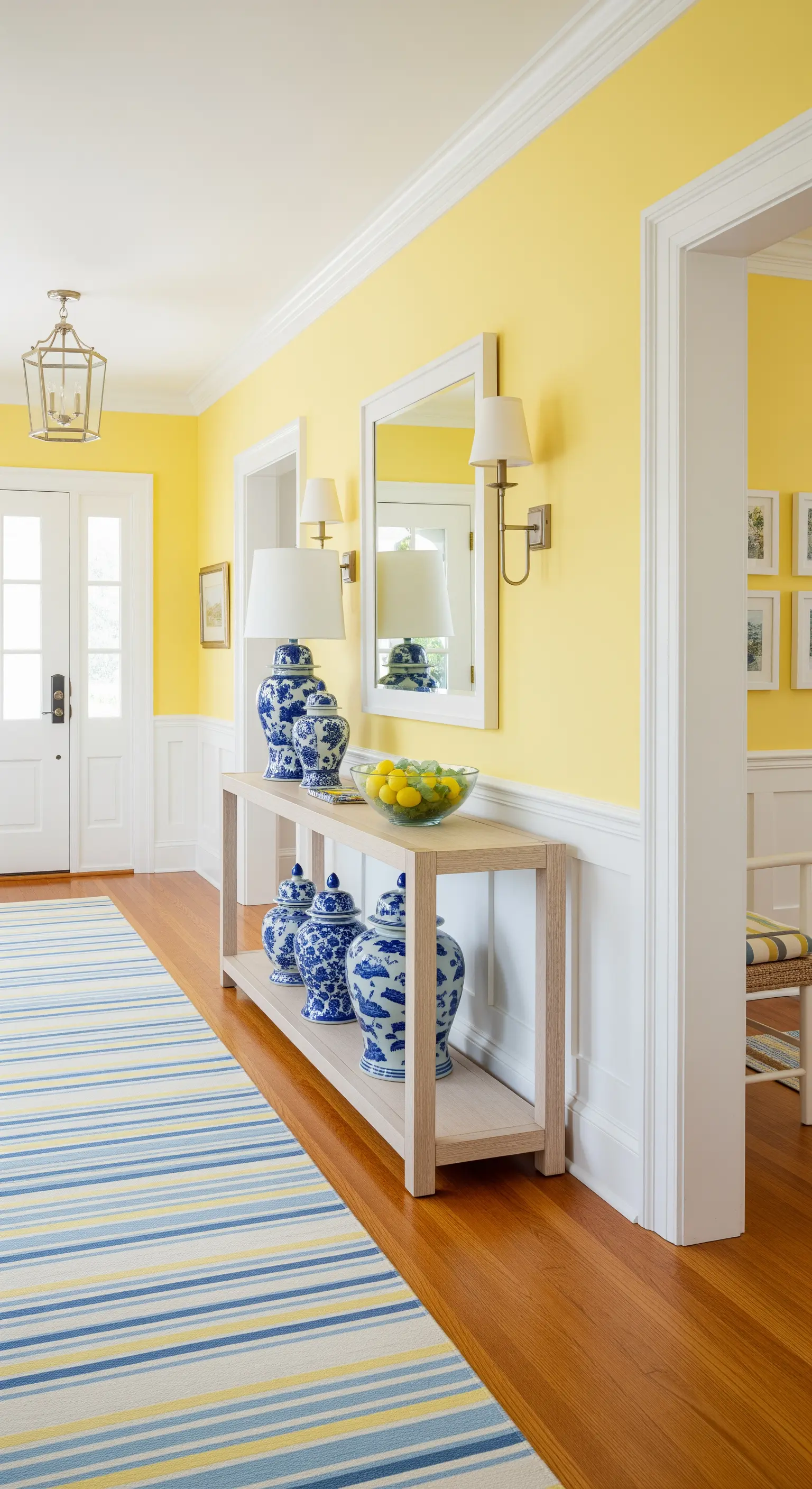 Ingresso luminoso con pareti gialle, boiserie bianca e vasi cinesi blu su una consolle.