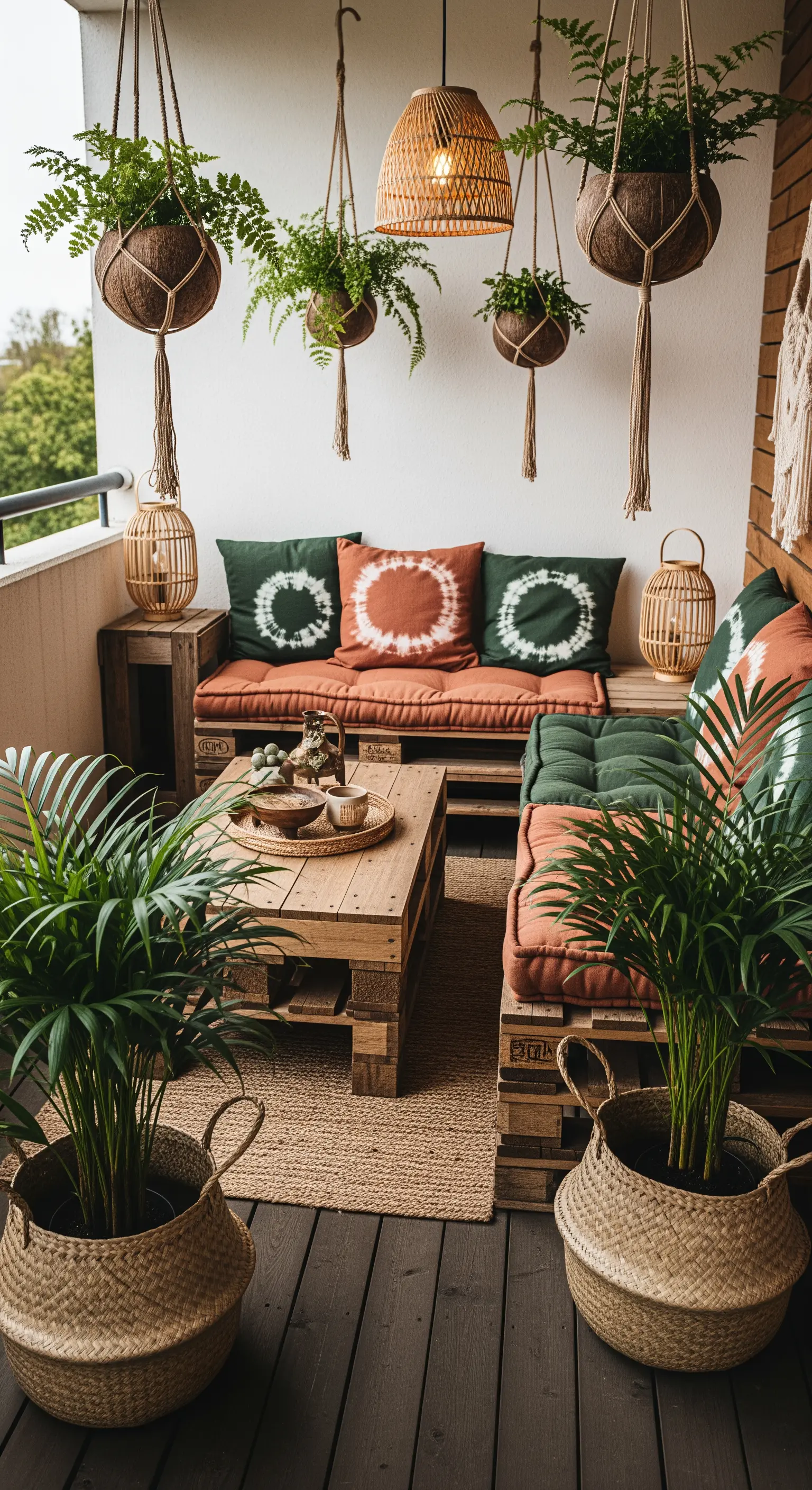Salotto da balcone in pallet con cuscini color terracotta e verde, con piante sospese in macramè.
