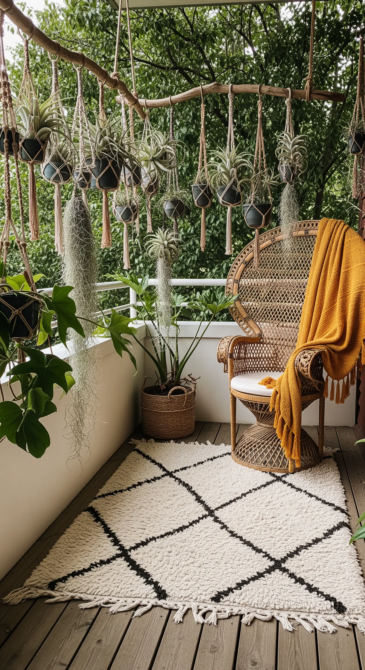 Angolo relax con poltrona peacock in vimini, tappeto a rombi e piante aeree sospese.