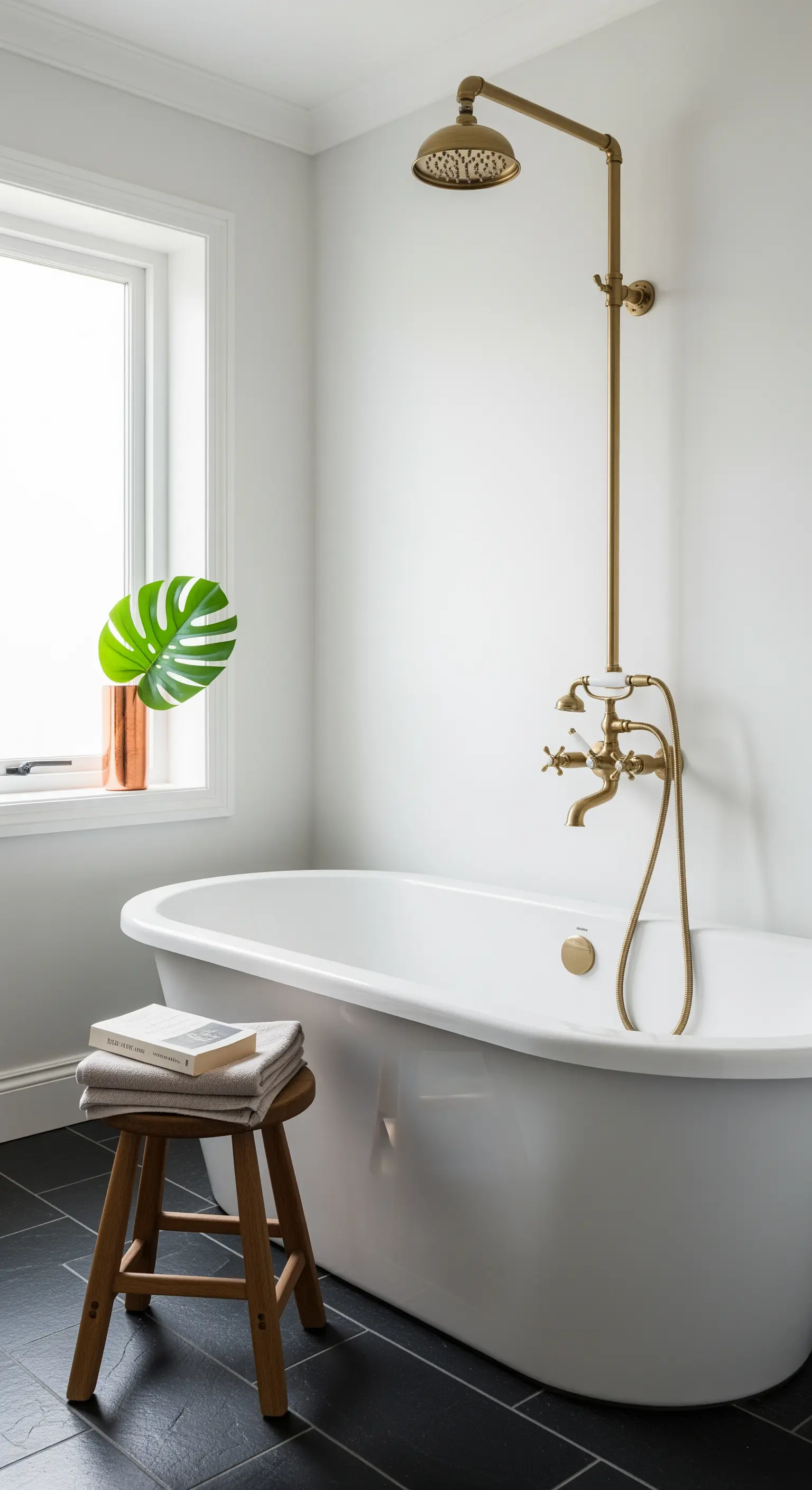 Vasca da bagno bianca freestanding con rubinetteria a parete e doccia in ottone a vista.