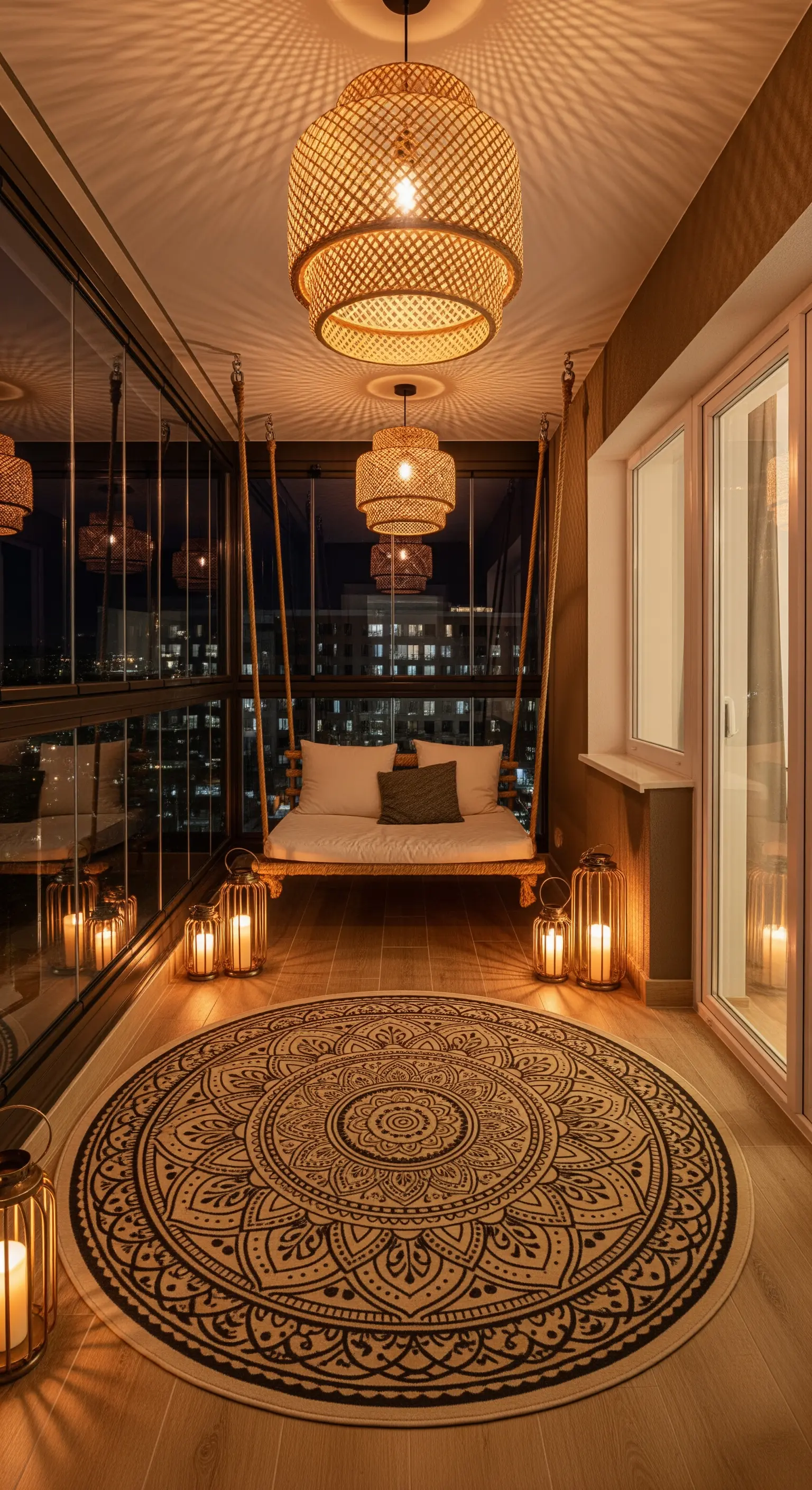 Divanetto sospeso in un balcone chiuso, con tappeto a mandala e lampadari in bambù.