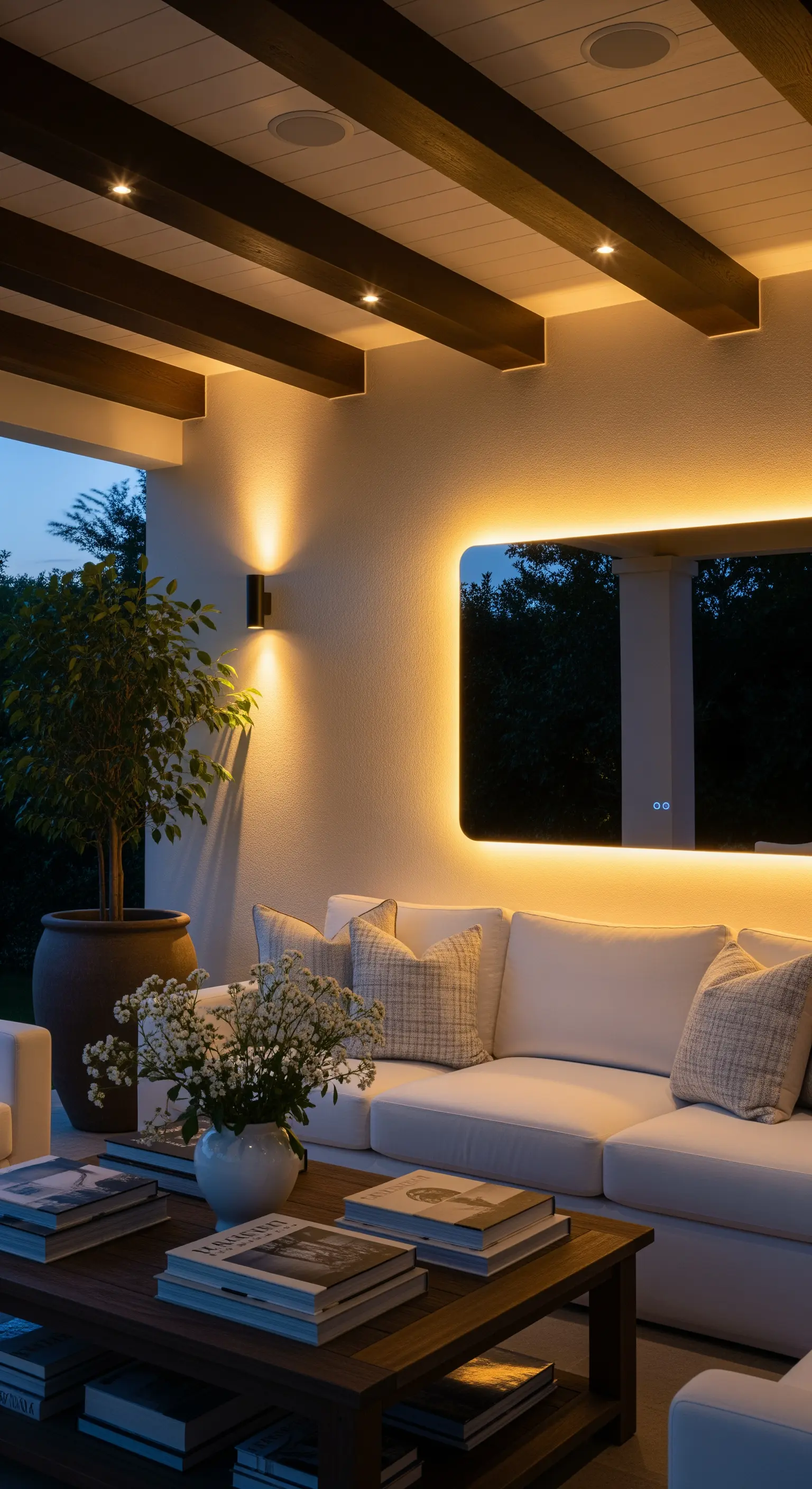 Veranda di sera con divano bianco, tavolino in legno e un grande specchio rettangolare retroilluminato