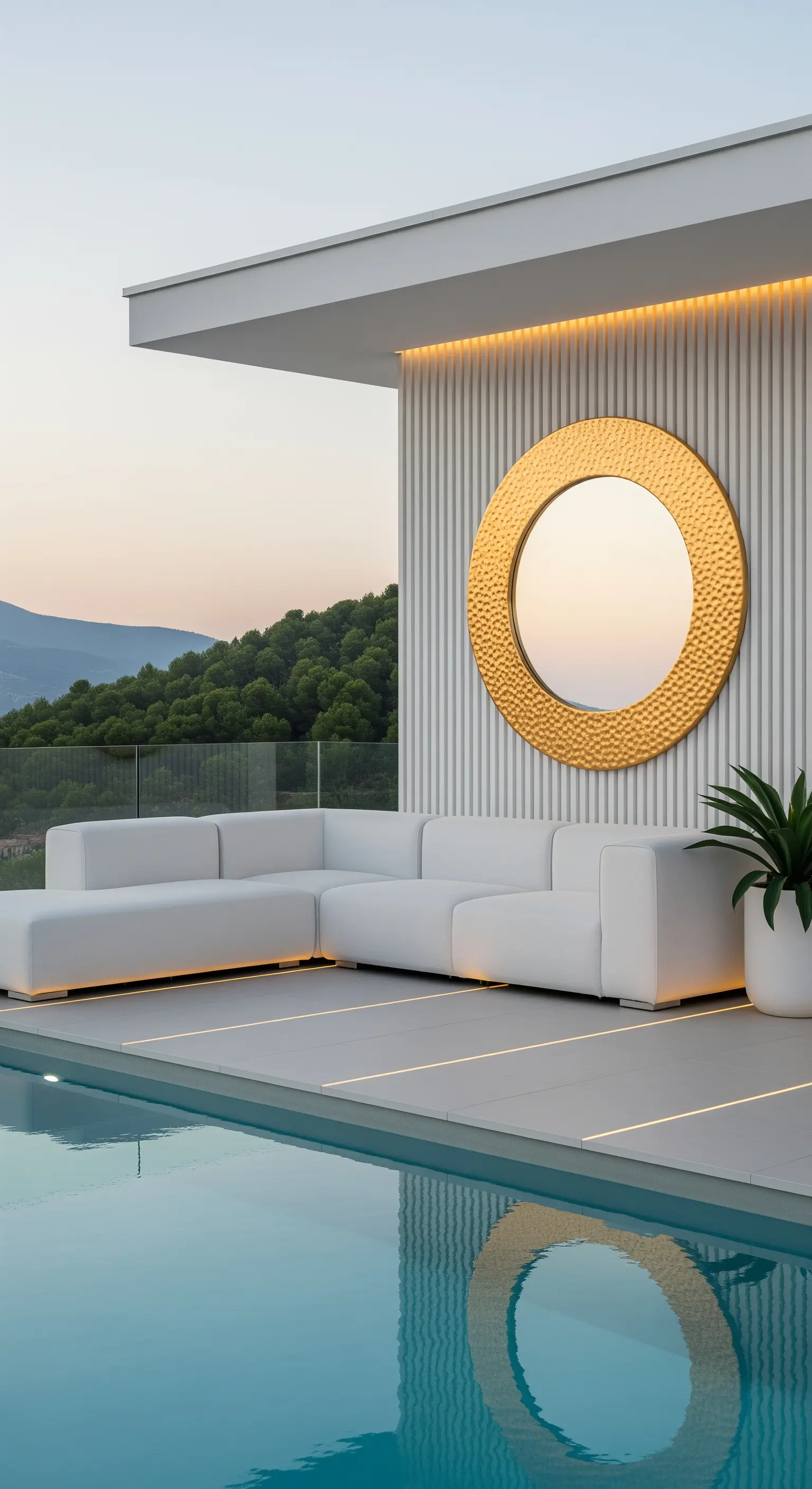 Specchio rotondo dorato su una parete a listelli bianchi a bordo piscina, con divano bianco