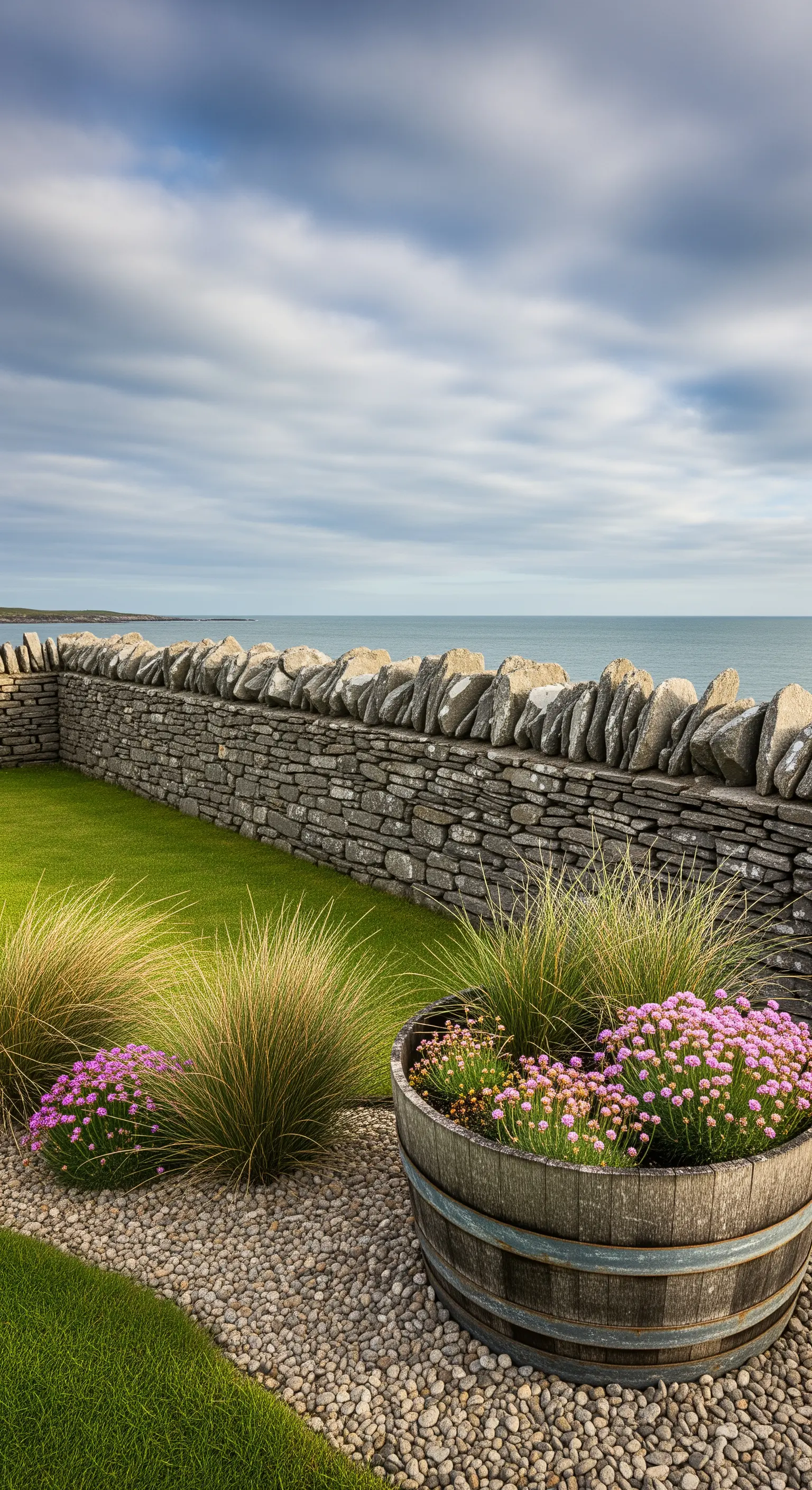 Botte con erbe ornamentali e fiori rosa su un sentiero di ghiaia, con vista mare.