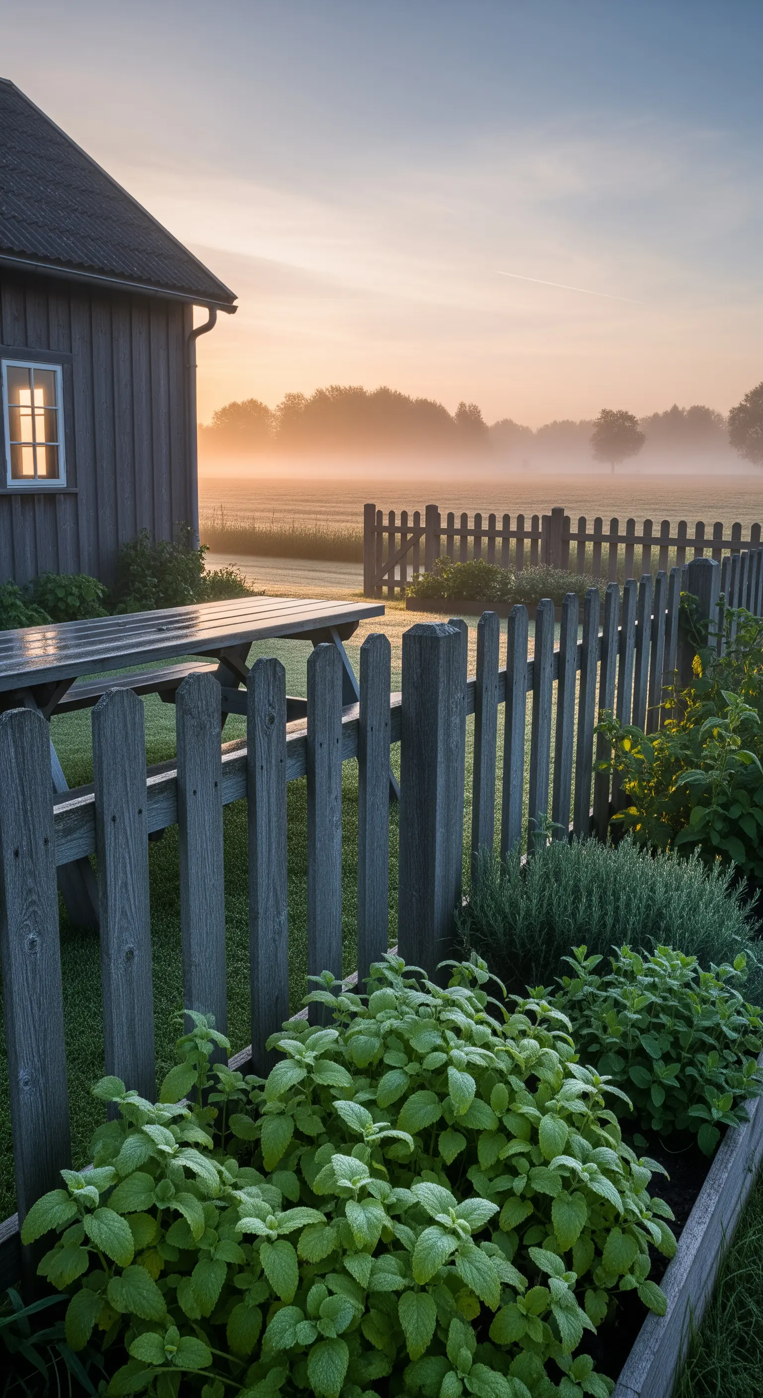 Orto di menta e staccionata in legno grigio in un paesaggio nebbioso.