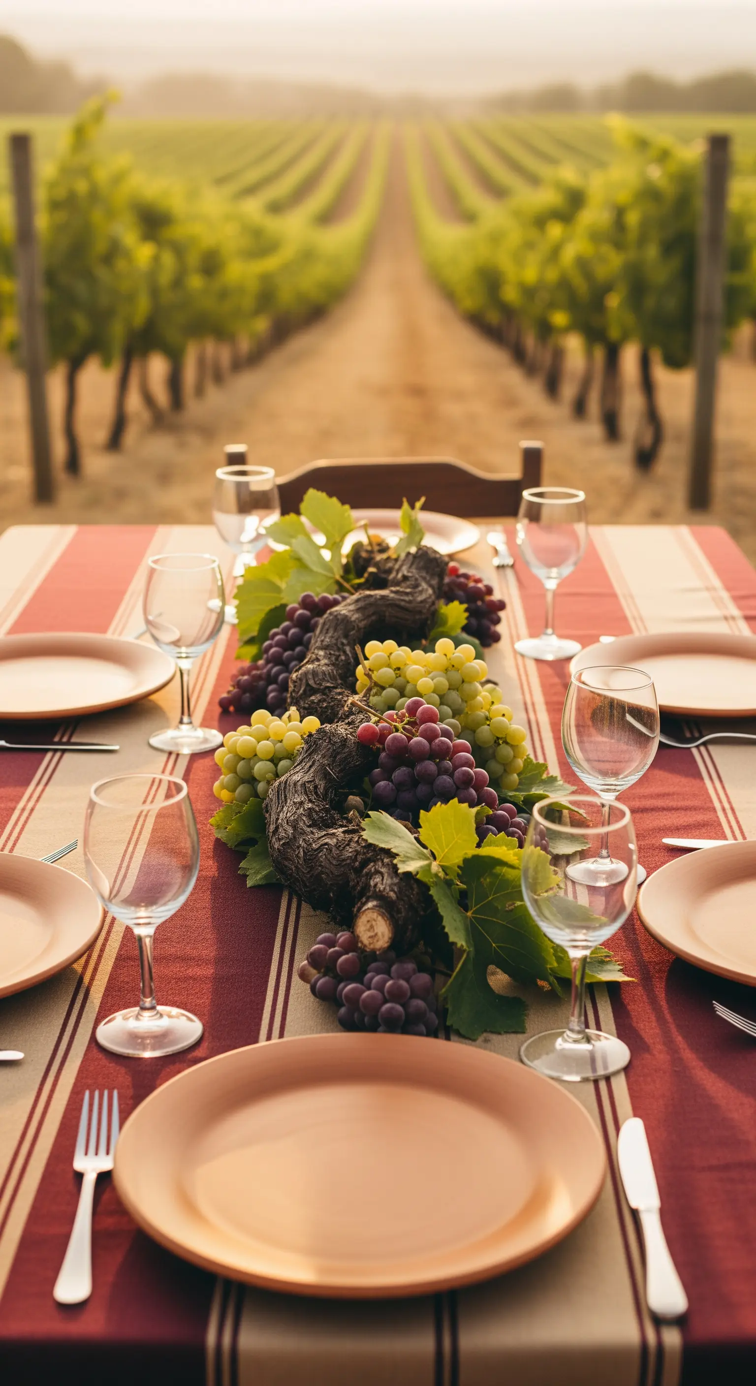 Tavola apparecchiata in un vigneto con un tralcio di vite e grappoli d'uva come centrotavola.