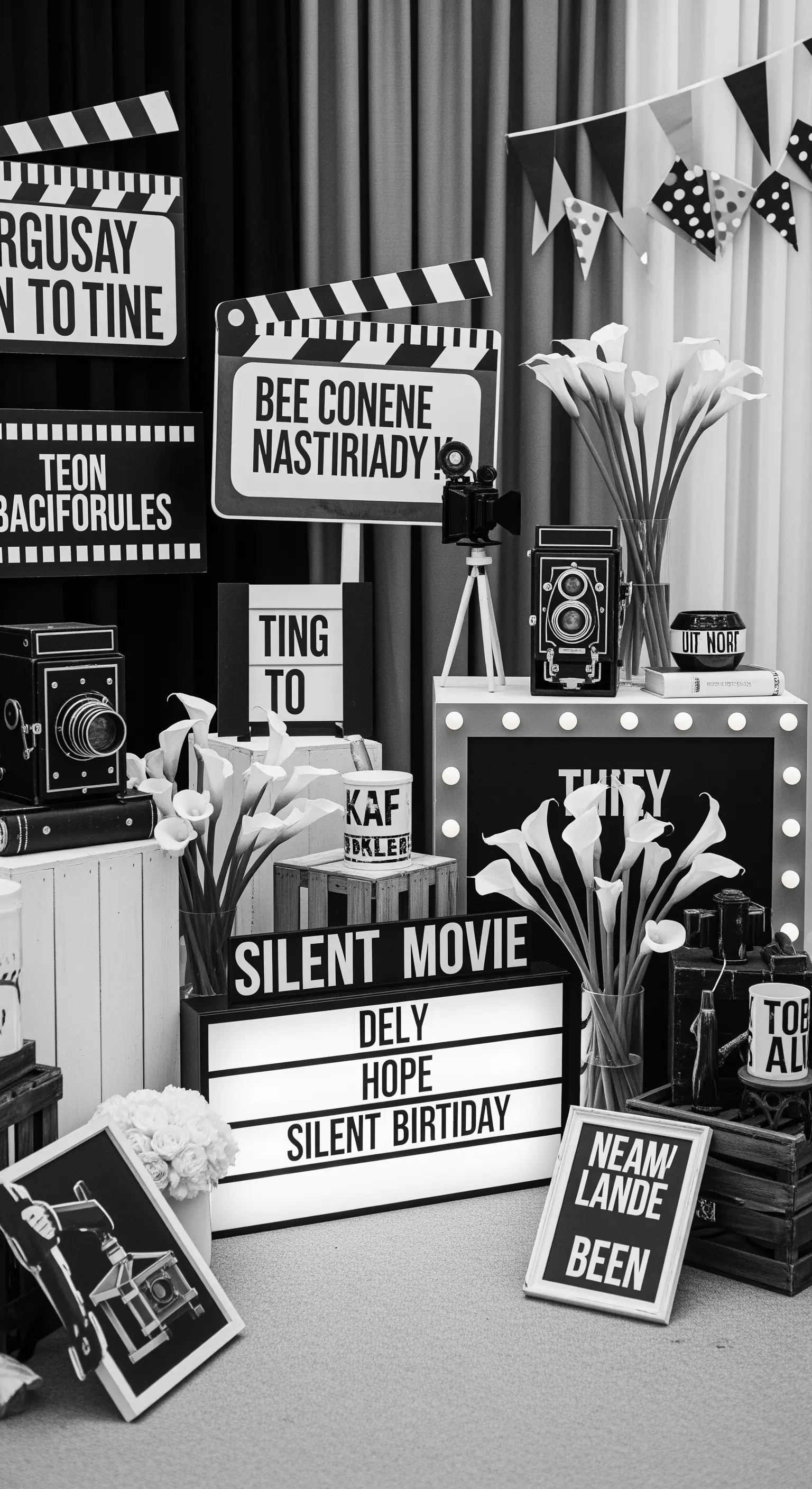 Angolo a tema film muto in bianco e nero con cineprese vintage e lightbox.
