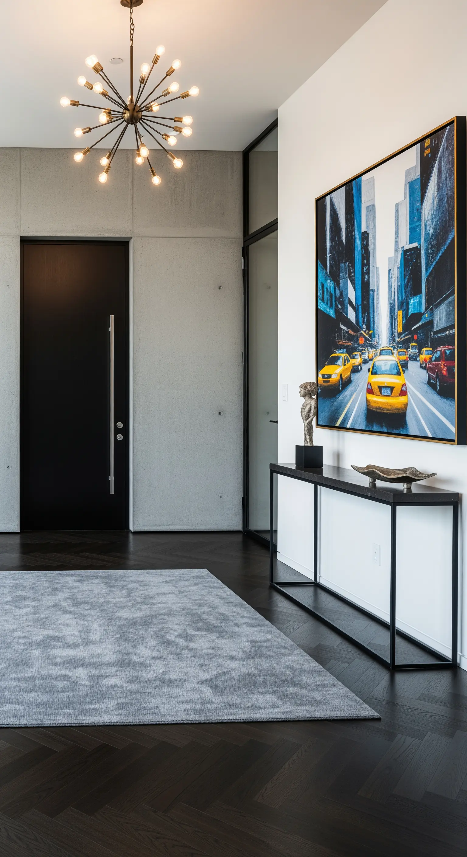 Ingresso moderno con parete in cemento, quadro di una strada cittadina e tappeto grigio.