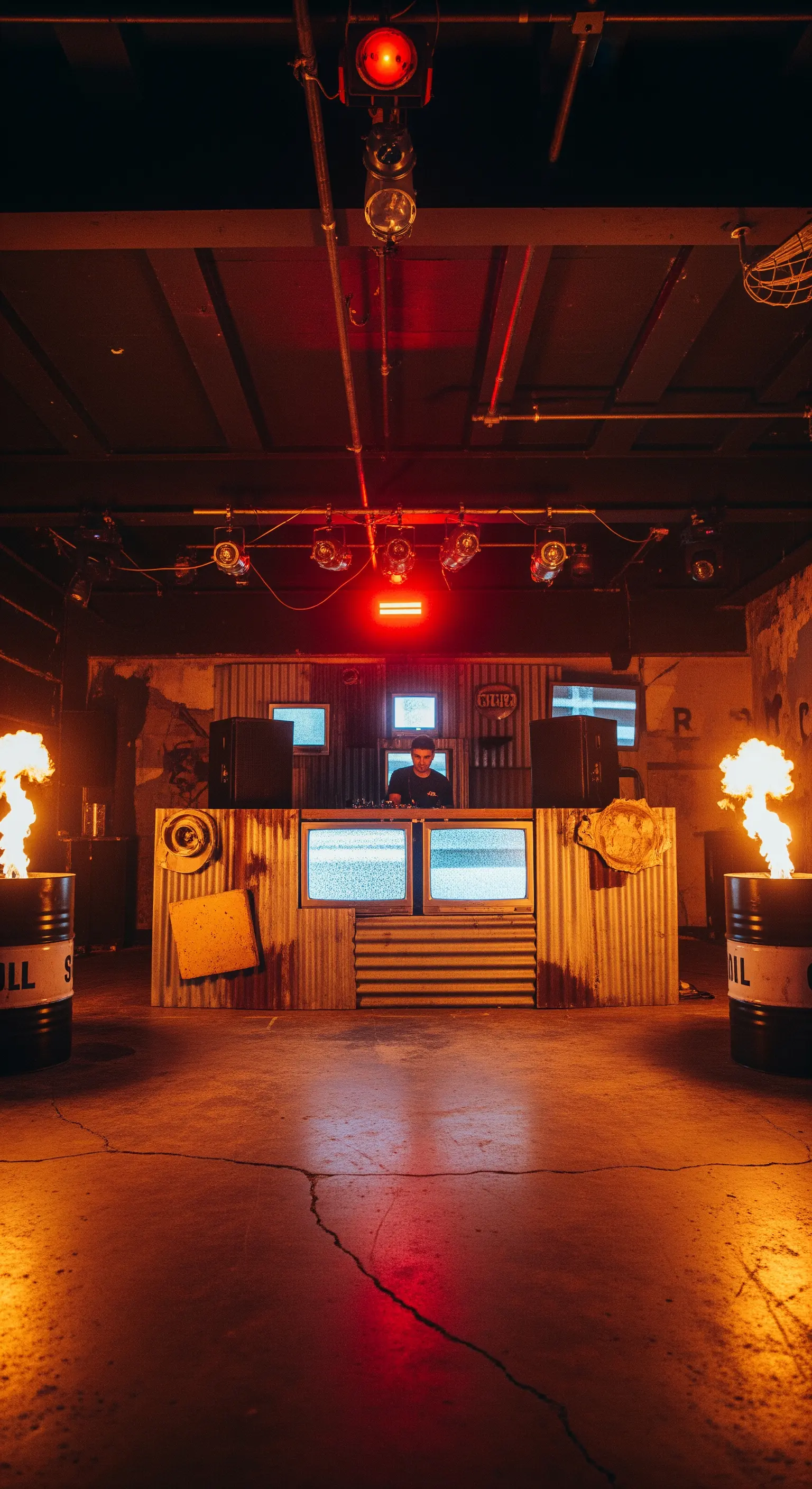 DJ booth in stile industriale con lamiere, vecchi televisori e fiamme.