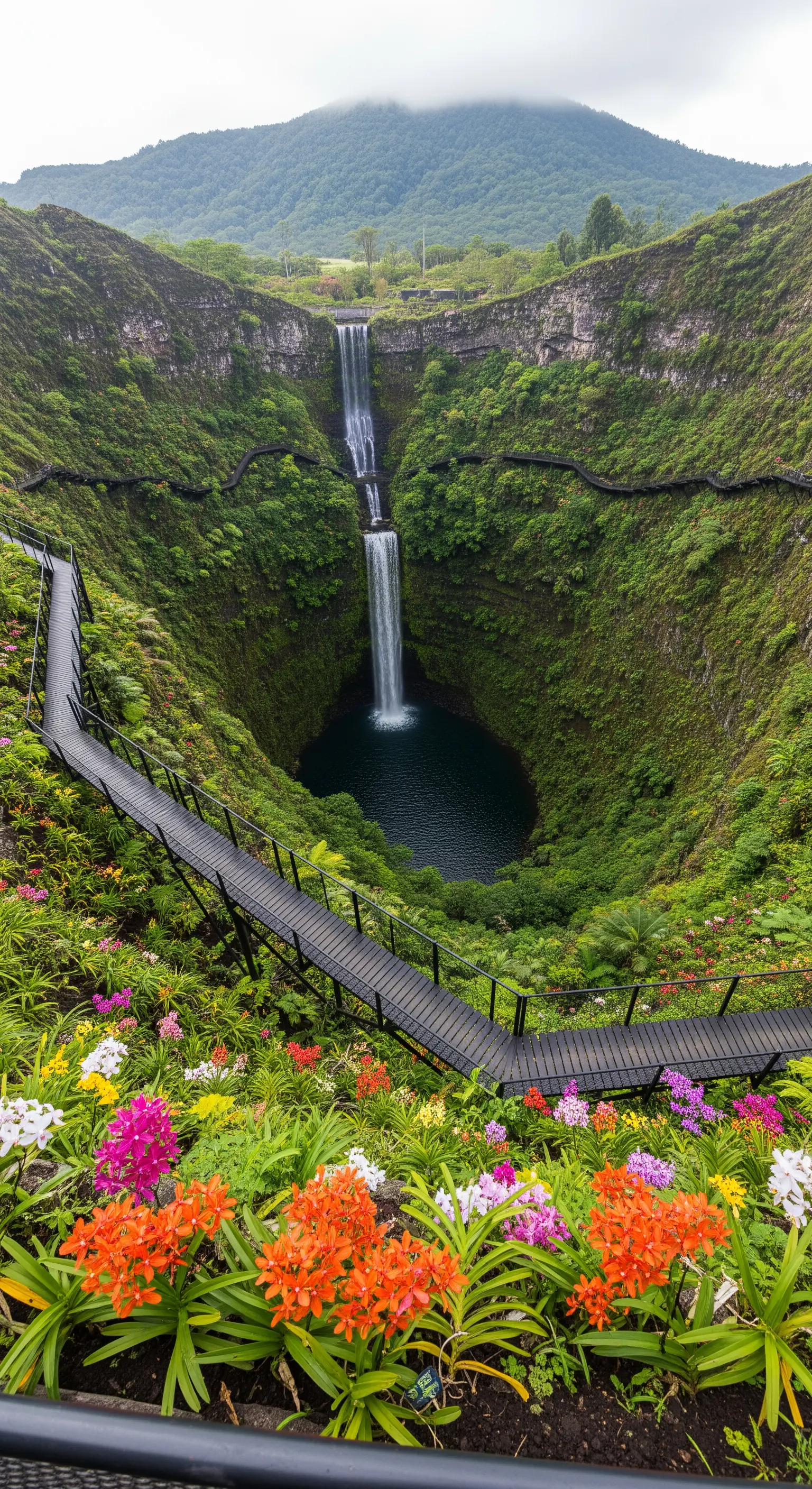 Cascata a due livelli in una dolina verde, con passerella a tornanti e aiuole di orchidee.