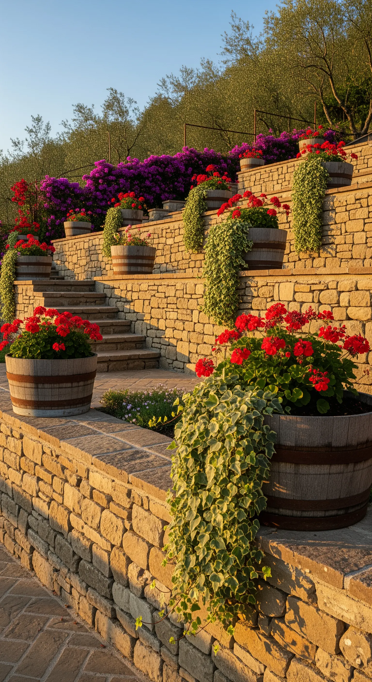 Giardino terrazzato con muretti in pietra e botti di legno usate come fioriere per gerani rossi