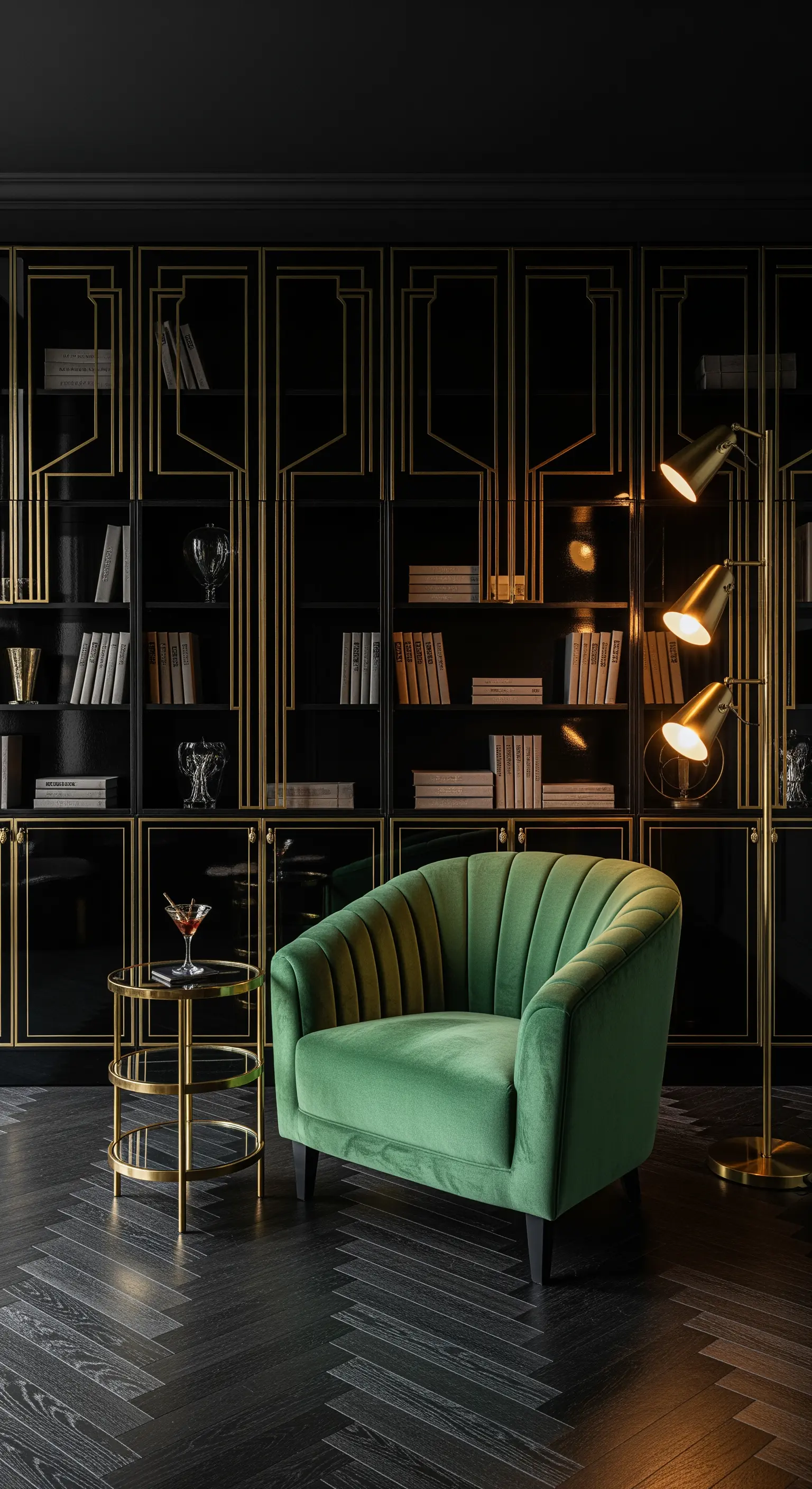 Libreria nera con dettagli dorati Art Déco e poltrona in velluto verde smeraldo.