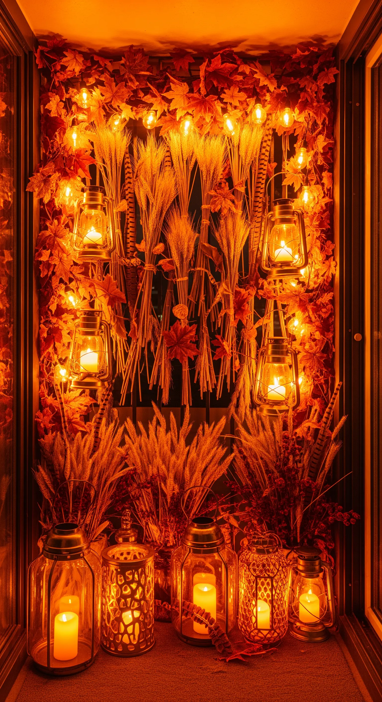 Nicchia di un balcone decorata con foglie d'acero, spighe di grano e lanterne calde