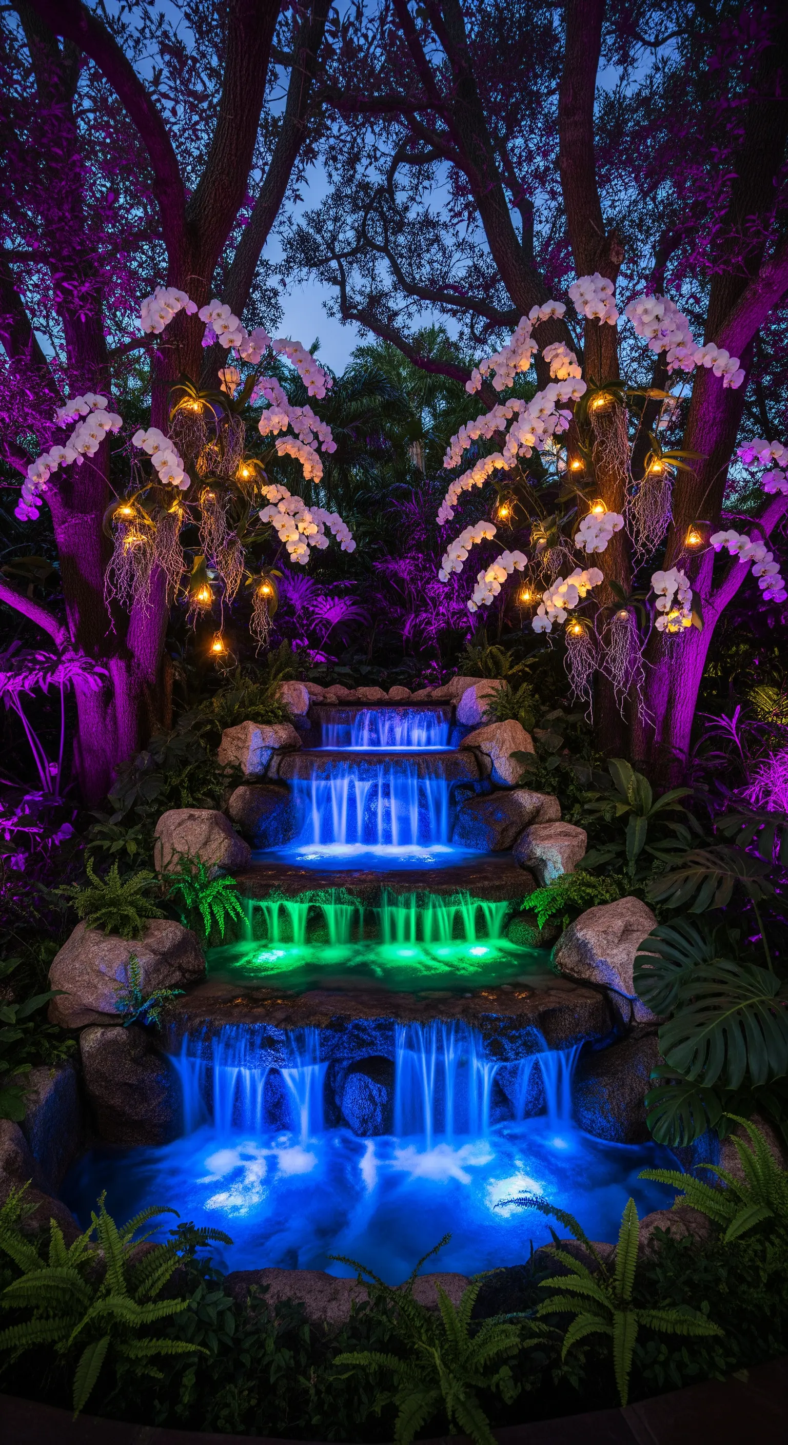 Cascata a più livelli illuminata con luci blu, verdi e viola, circondata da orchidee bianche.
