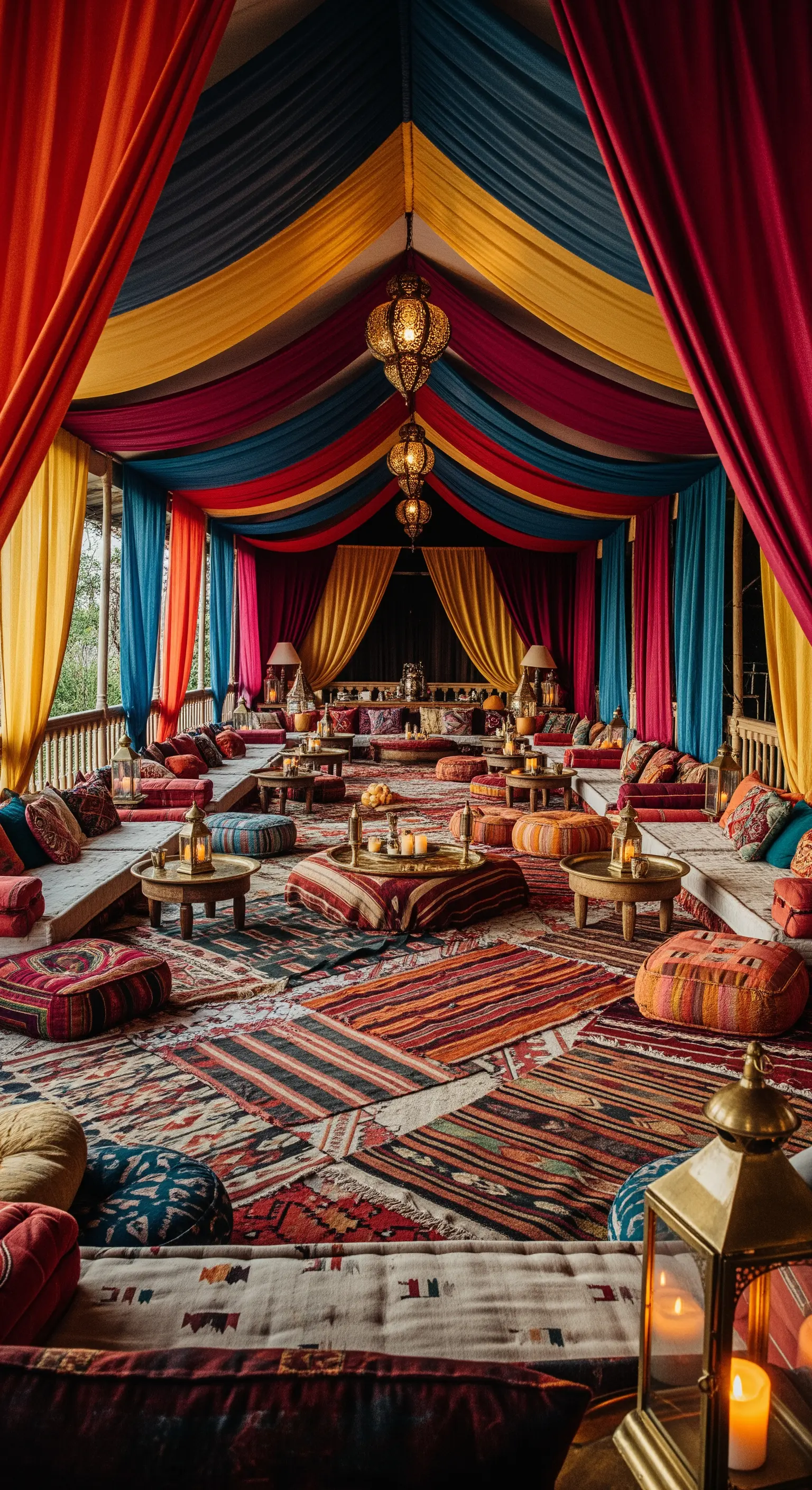 Grande veranda allestita in stile arabo con drappi colorati, tappeti sovrapposti e lanterne.