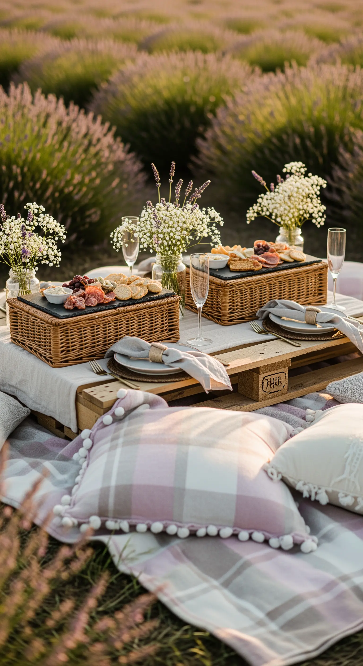 Picnic chic in un campo di lavanda con pallet come tavolo e cuscini a quadri