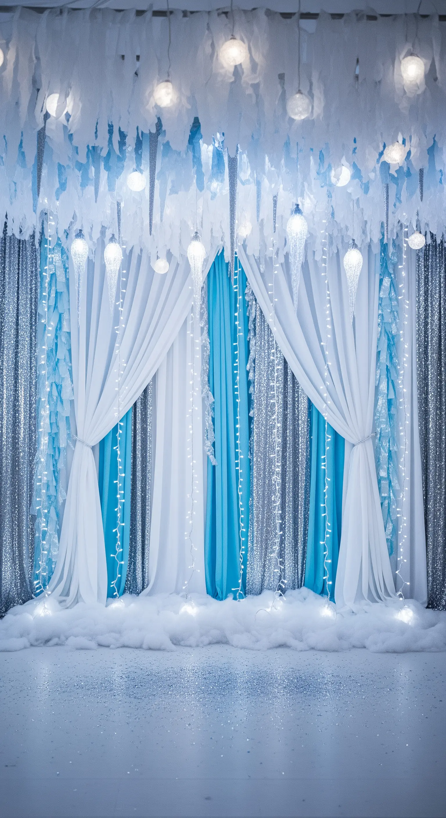 Backdrop a tema invernale con tessuti bianchi e blu, paillettes argento e luci fredde.