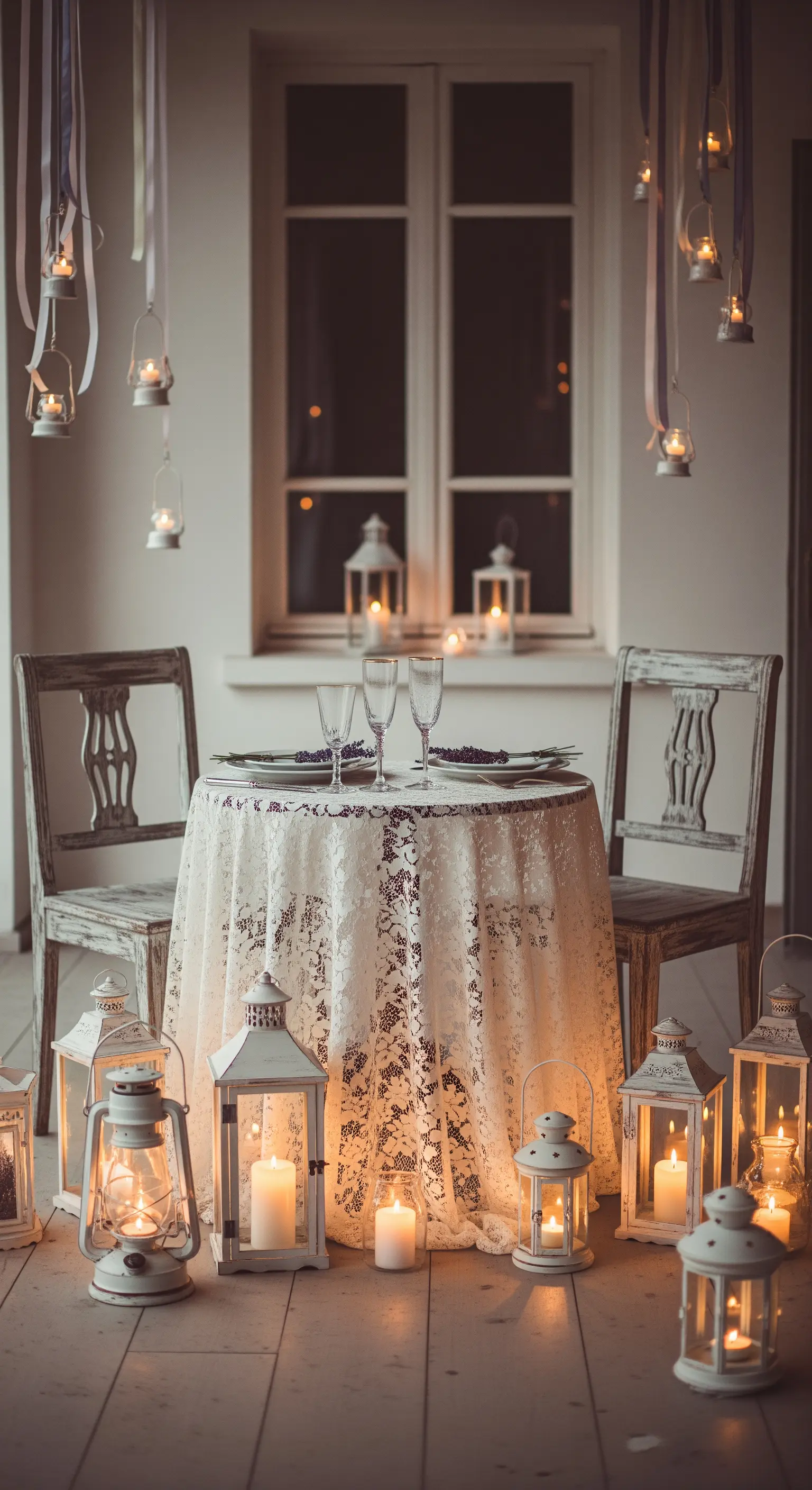 Tavolo per due con tovaglia in pizzo, circondato da un mare di lanterne e candele accese.
