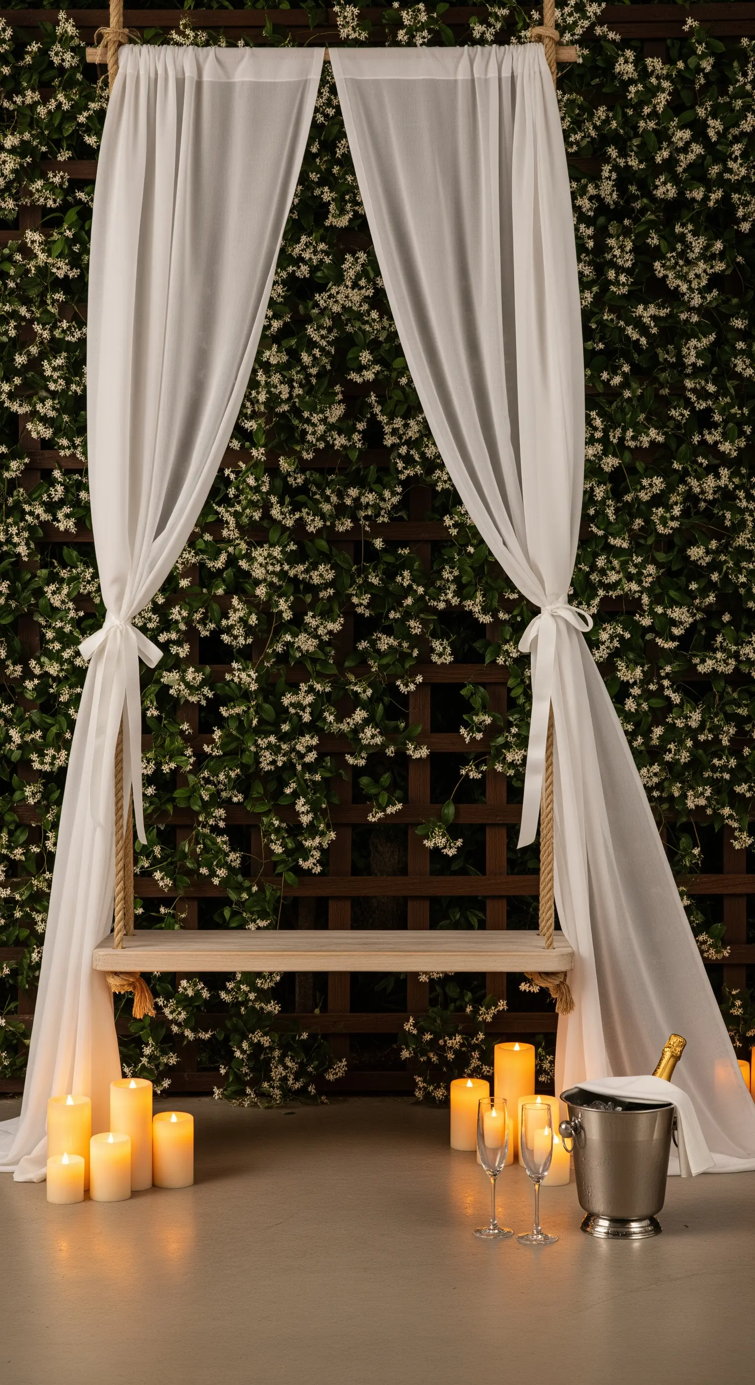 Altalena in legno decorata con tende bianche, di fronte a una parete di gelsomino illuminata da candele.