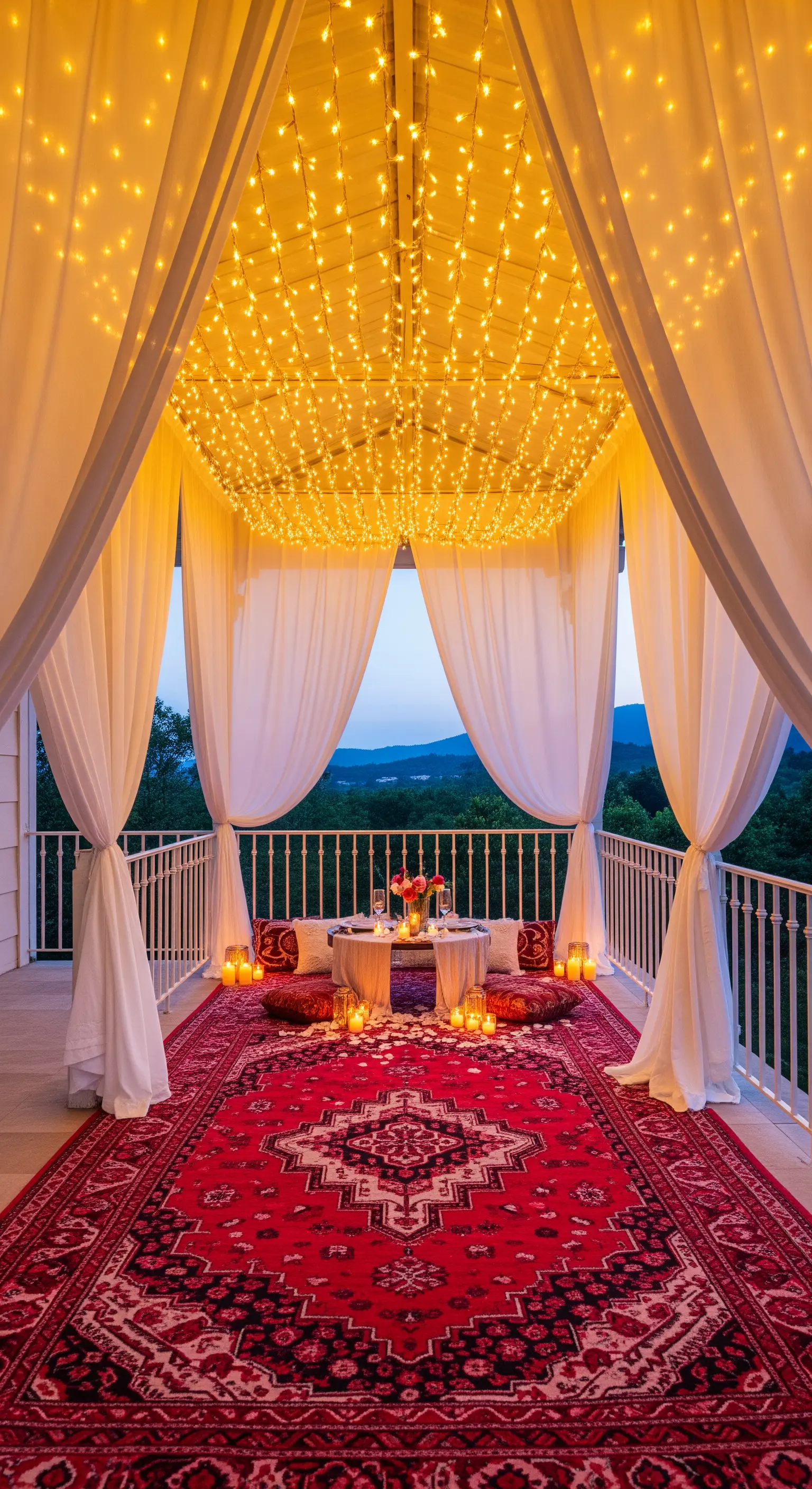 Cena romantica in veranda con tende a baldacchino, tappeto rosso e un soffitto di luci.