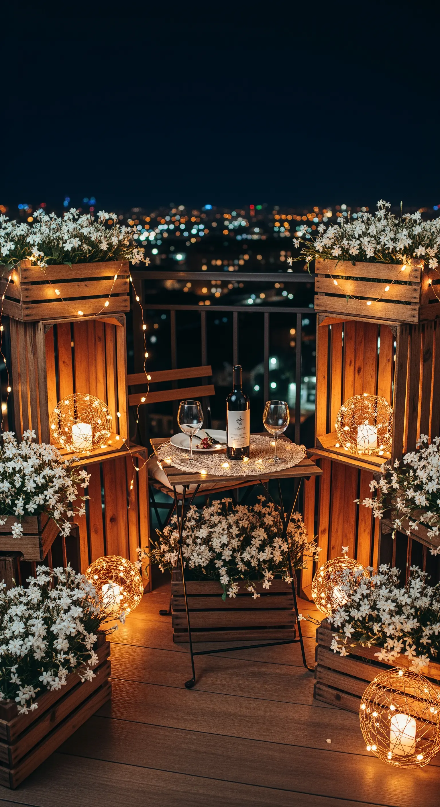 Cena romantica su un balcone di notte, con cassette di legno decorate con fiori bianchi e lucine.