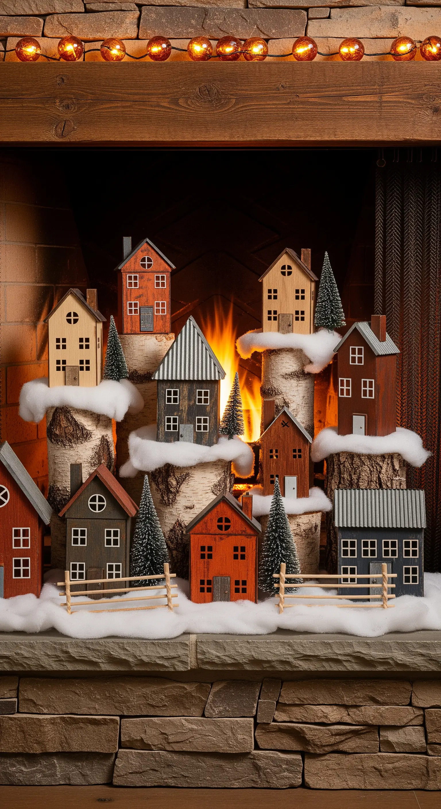 Villaggio di casette colorate disposte su tronchi di betulla all'interno di un camino spento.