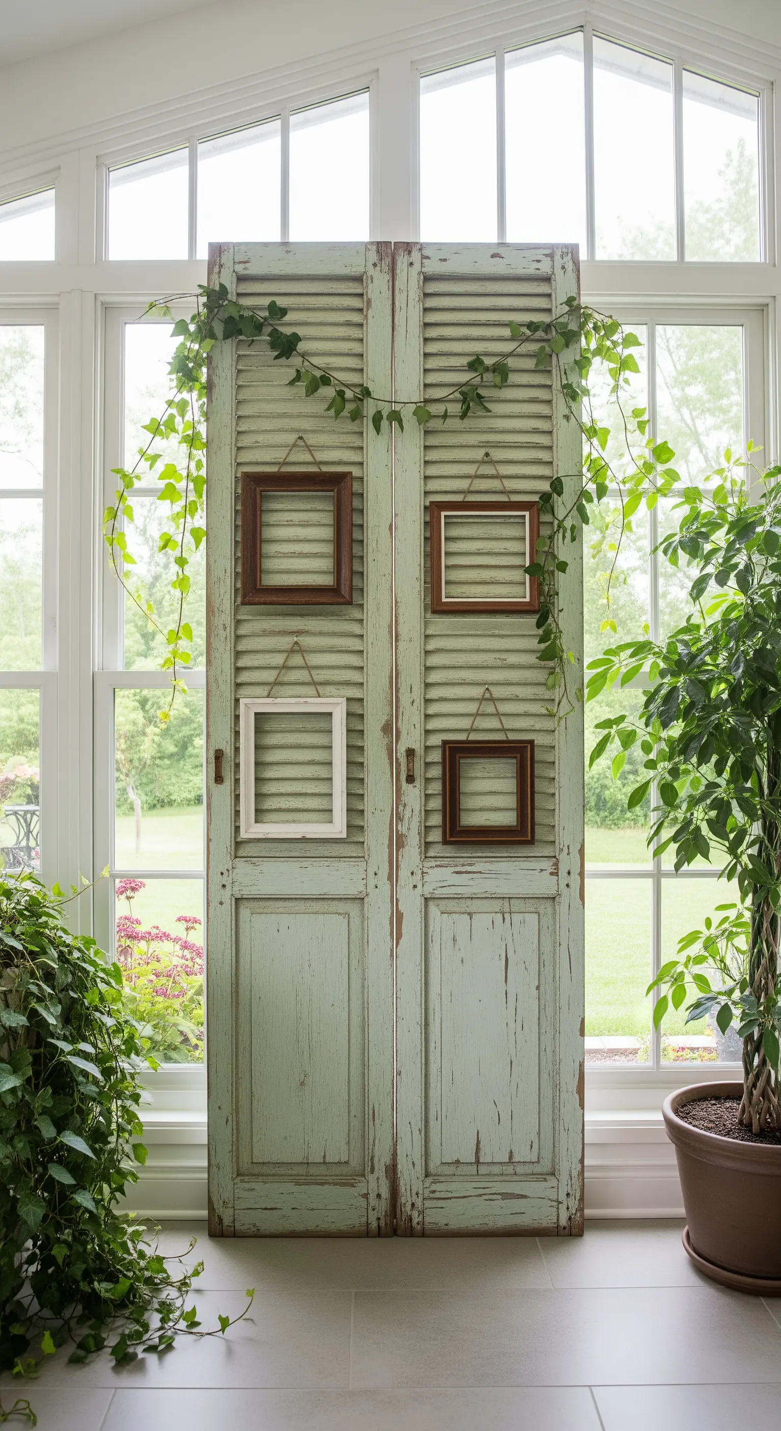 Vecchie persiane in legno verde salvia usate come sfondo per appendere piccole cornici vuote.