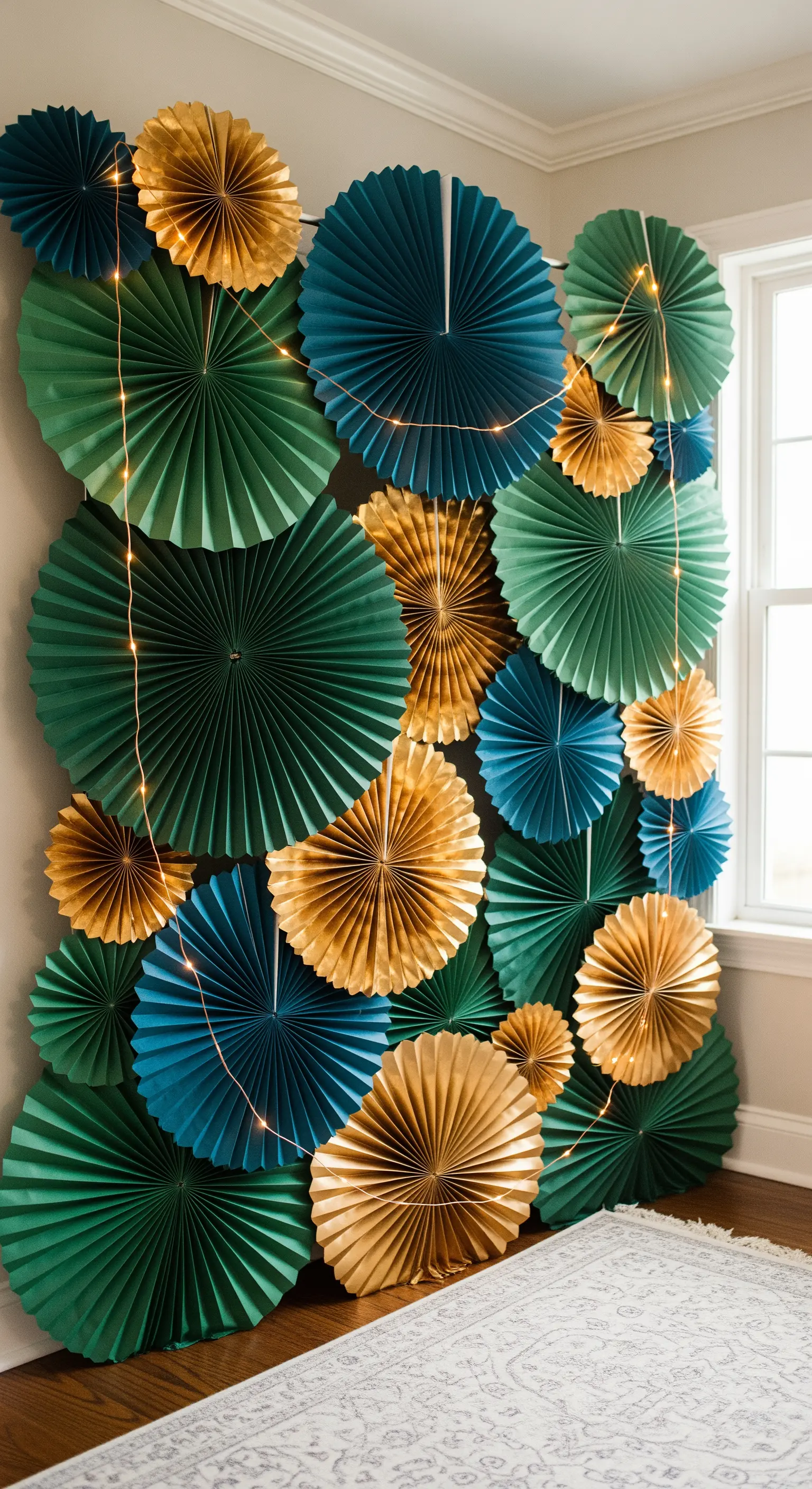 Parete decorata con ventagli di carta verdi, blu e oro e lucine, come sfondo per photo booth