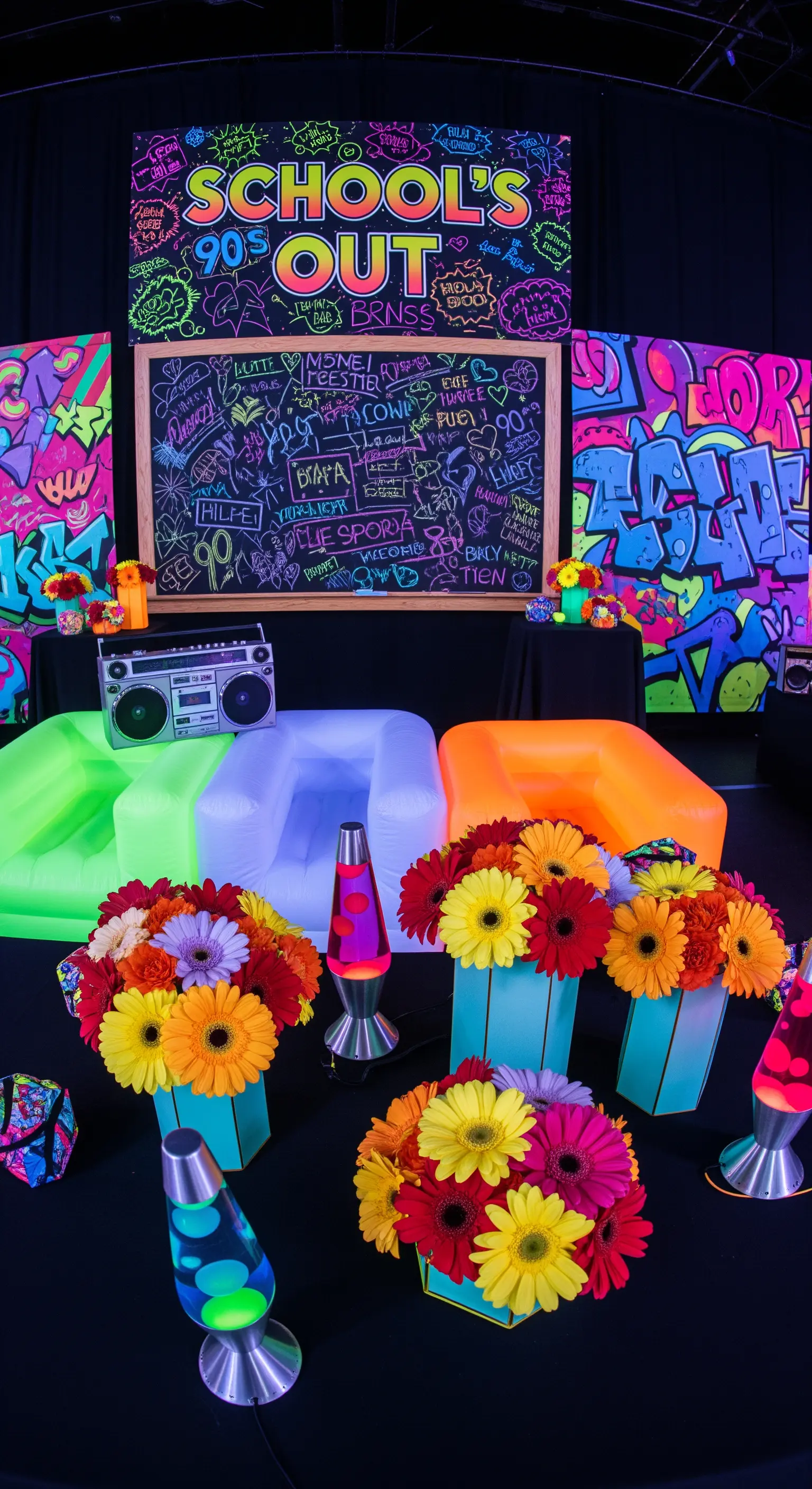 Festa a tema anni '90 con graffiti, poltrone gonfiabili e lava lamp.