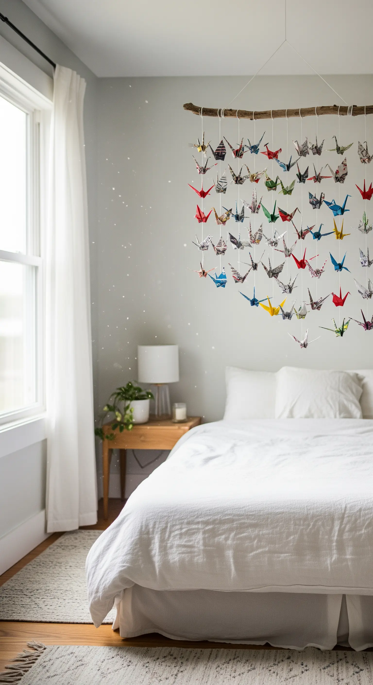 Gru origami colorate realizzate con carta di recupero appese a un ramo sopra il letto.