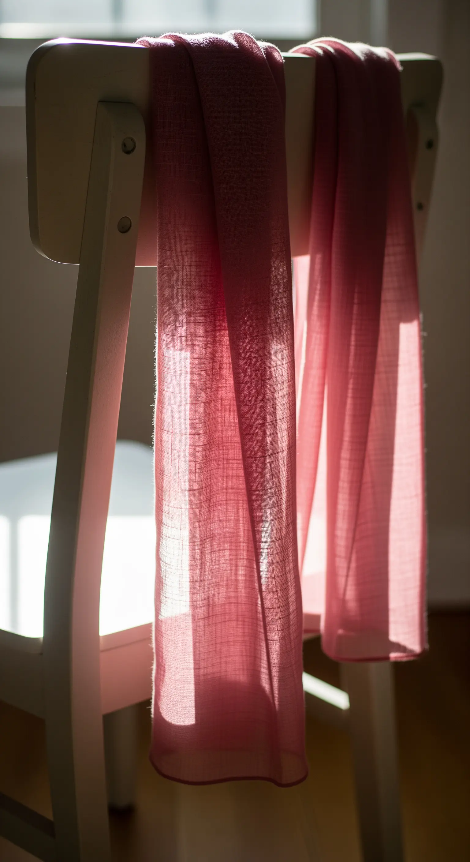 Una sciarpa di tessuto leggero, tinta naturalmente di un rosa delicato, appesa a una sedia bianca.