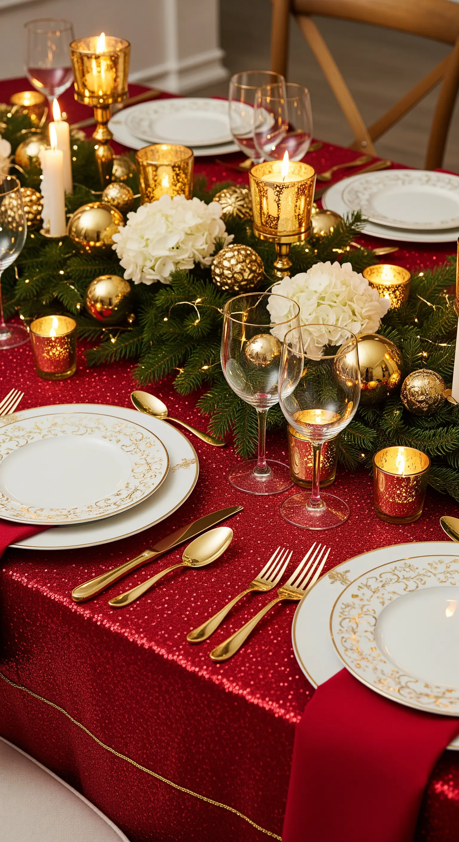 Tavola natalizia glamour con tovaglia di paillettes rosse, posate e decorazioni dorate.