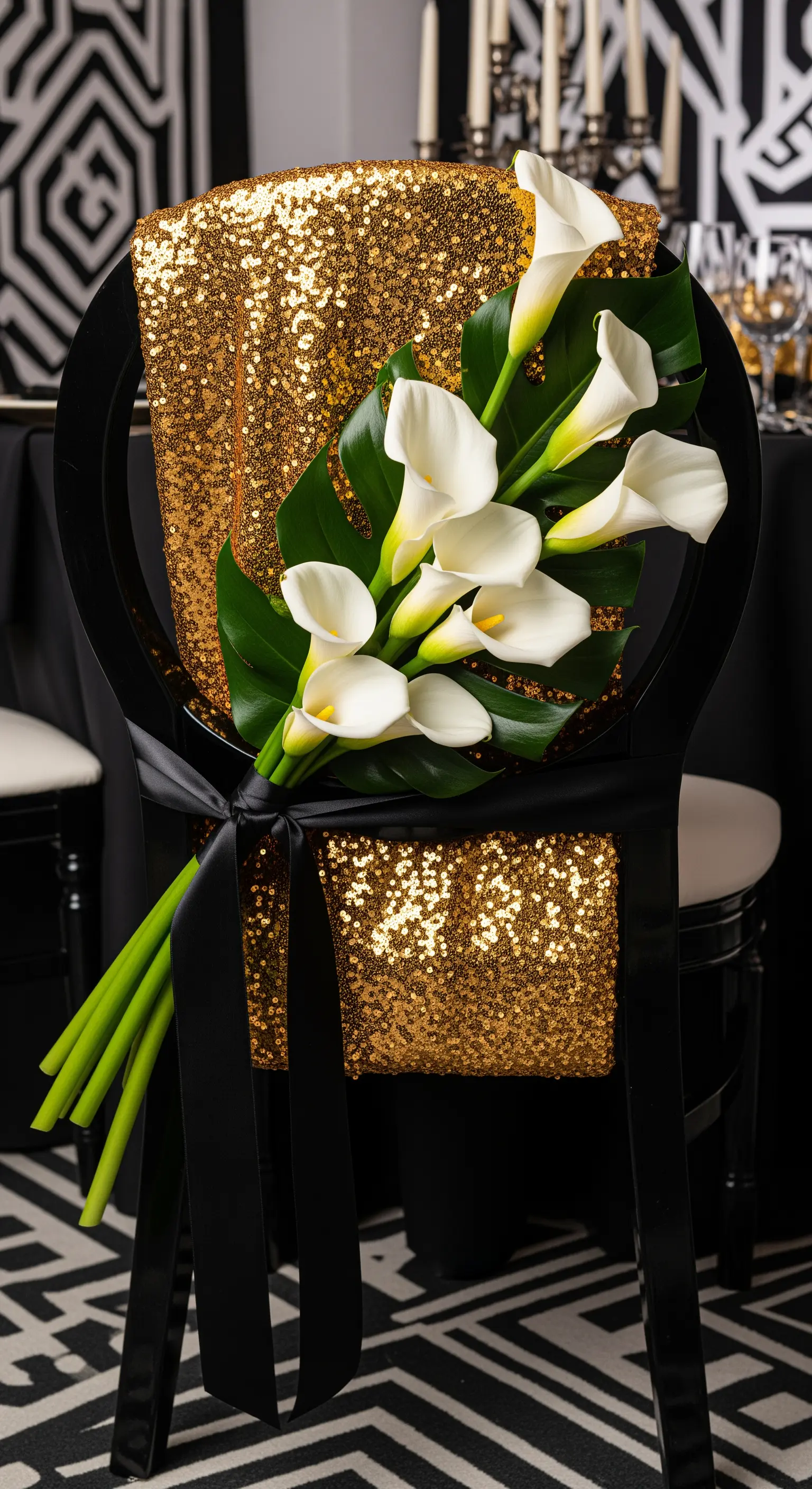 Sedia nera decorata con un drappo di paillettes dorate e un bouquet di calle bianche.